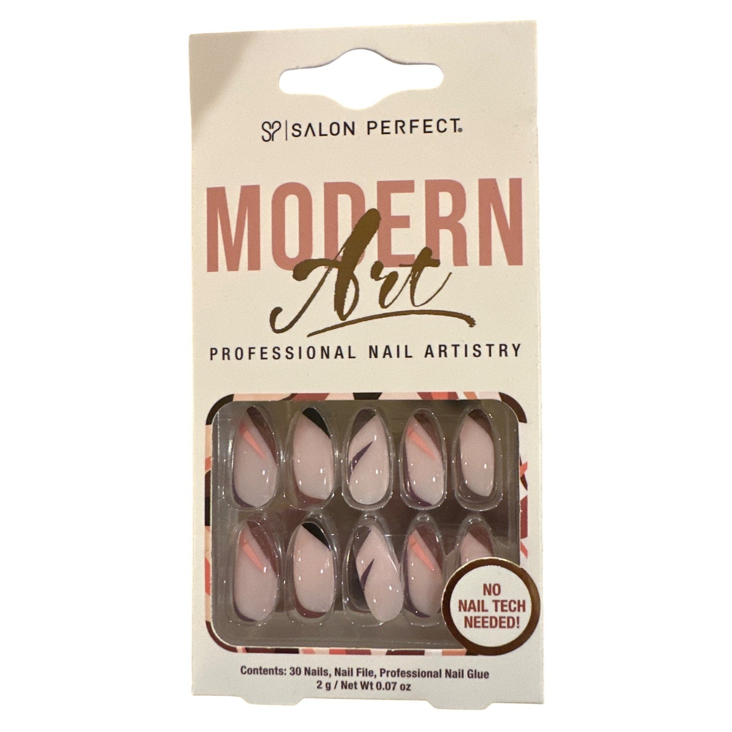 Salon Perfect 30 Nail Modern Art Long Almond Glossy Peach+Black+Fuschia Abstract
