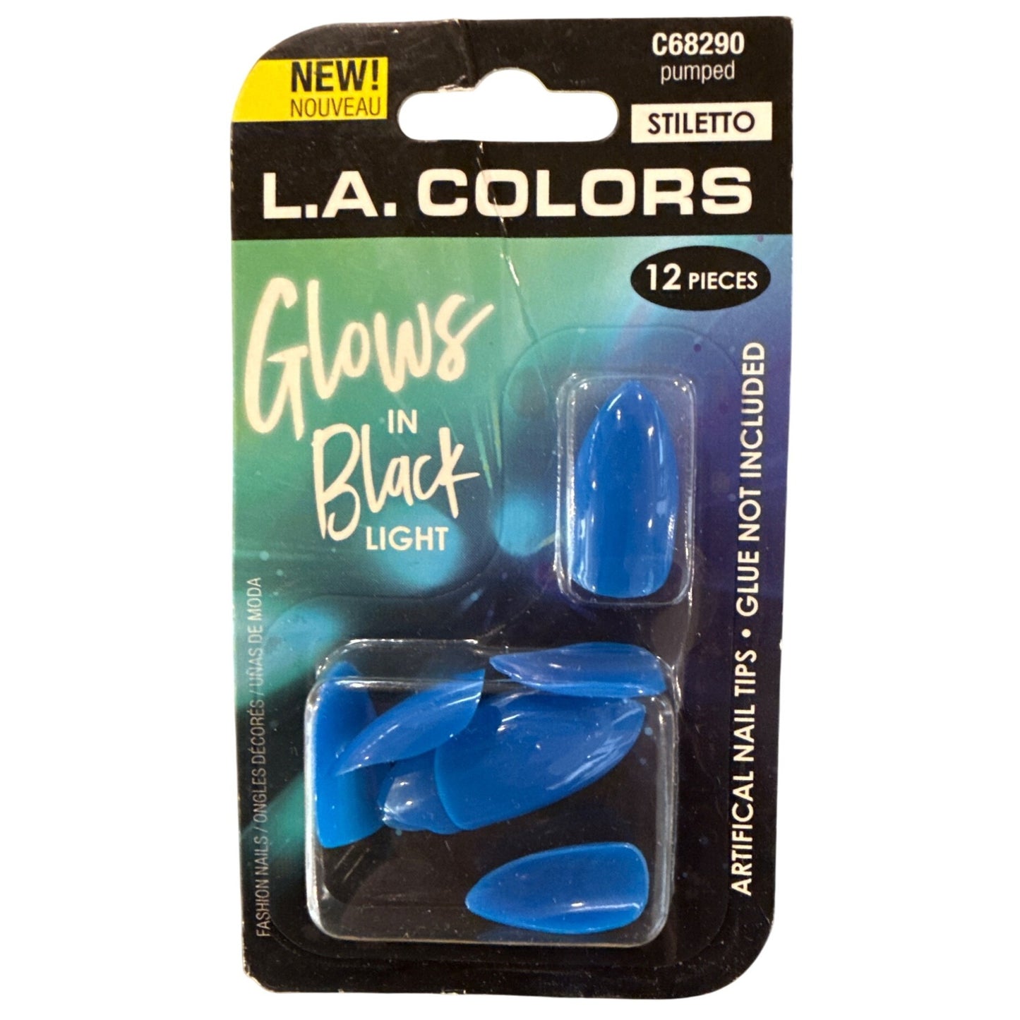 L.A. Colors GLOWS IN BLACK LIGHT 12 Nails PUMPED Long Stiletto Glossy Royal Blue