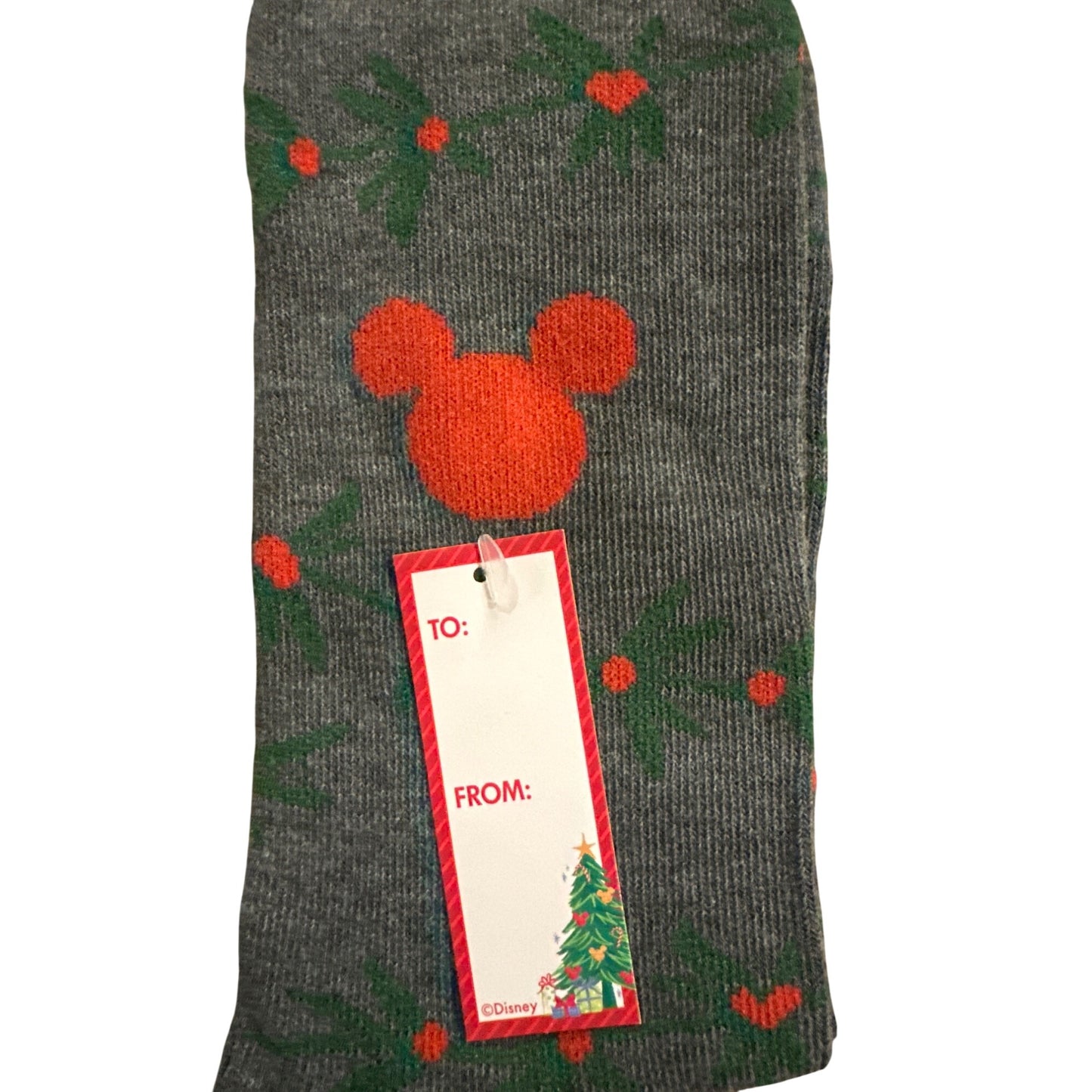 Disney Holiday Mickey Mouse Gray Crew Socks Women 6.5-12 Holly Print + Gift Tag