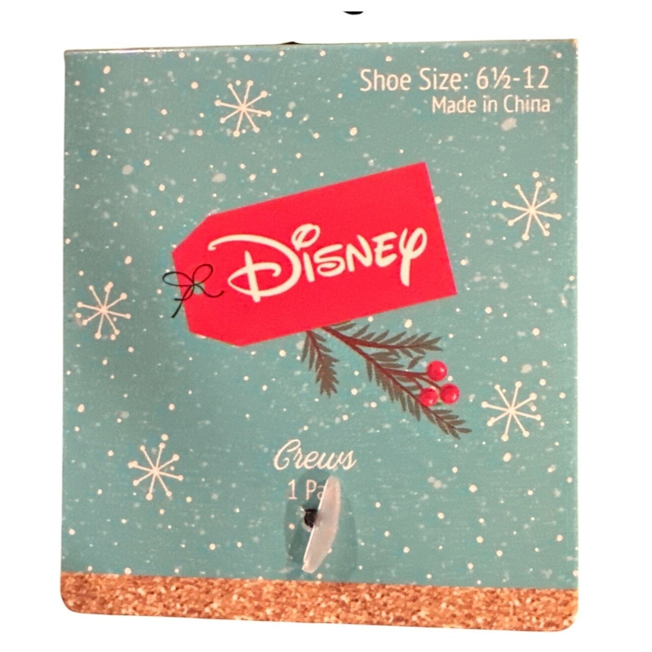 Disney Holiday Mickey Mouse Gray Crew Socks Women 6.5-12 Holly Print + Gift Tag