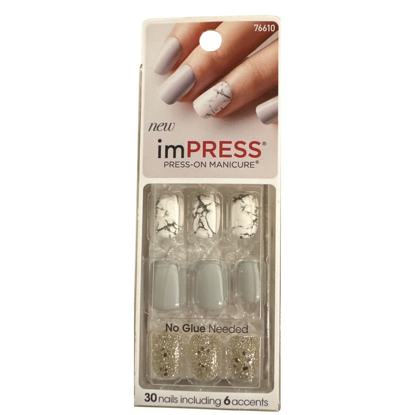 Impress YEAH BOY 30 Nails Short Squoval Marble+Glitter+Glossy Grey+Gold+White