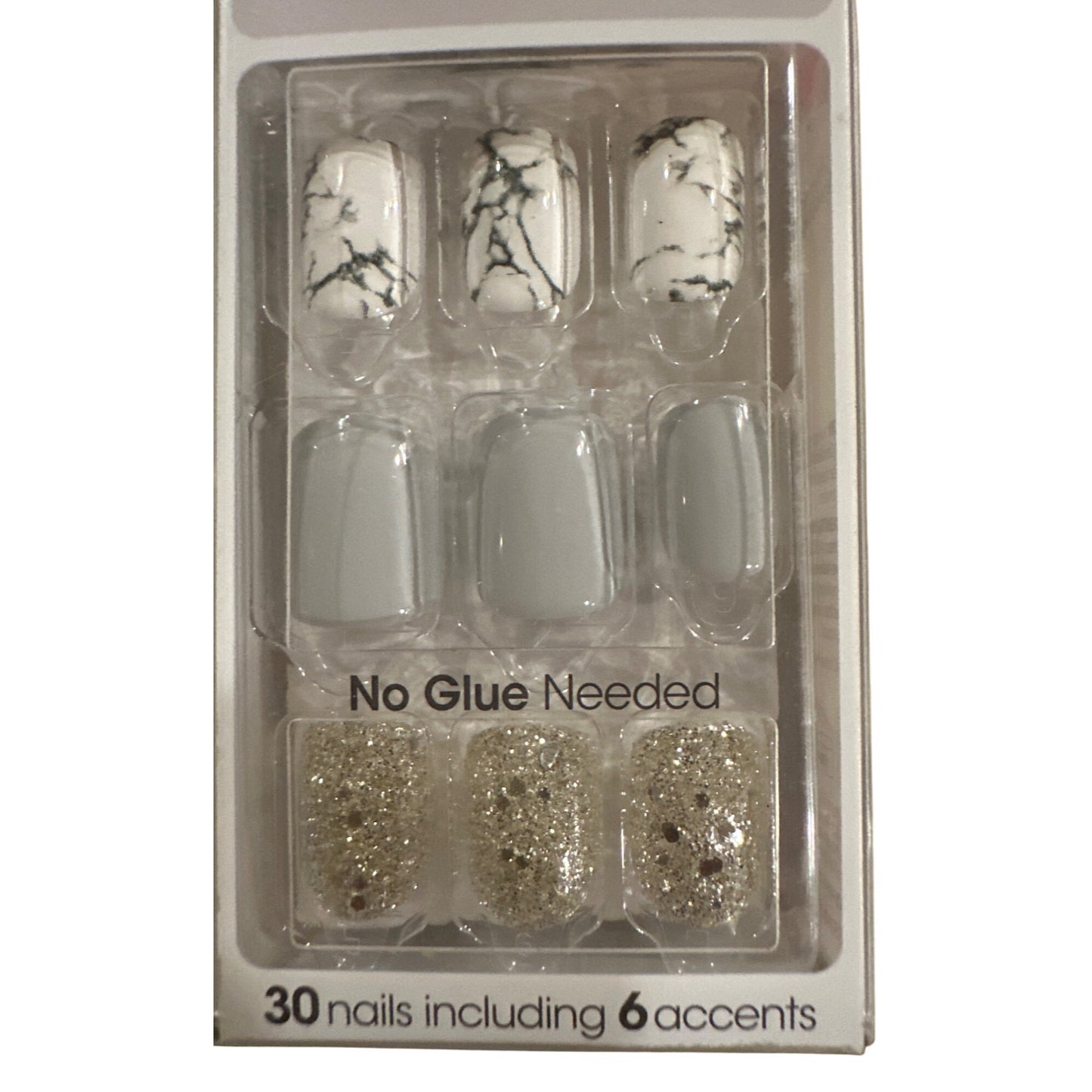 Impress YEAH BOY 30 Nails Short Squoval Marble+Glitter+Glossy Grey+Gold+White