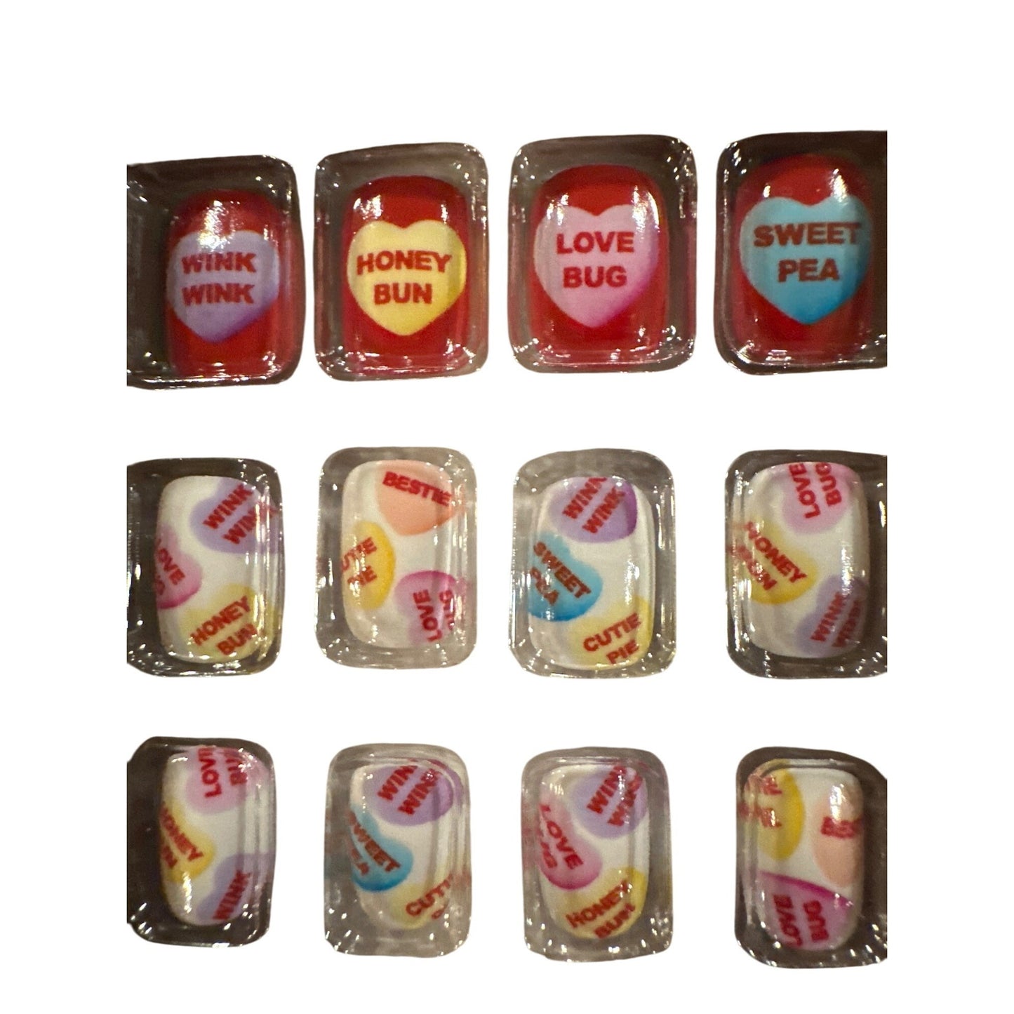 SWEETHEARTS Candy 18 Press-On Nails CONVERSATION HEARTS Valentine's Day Words