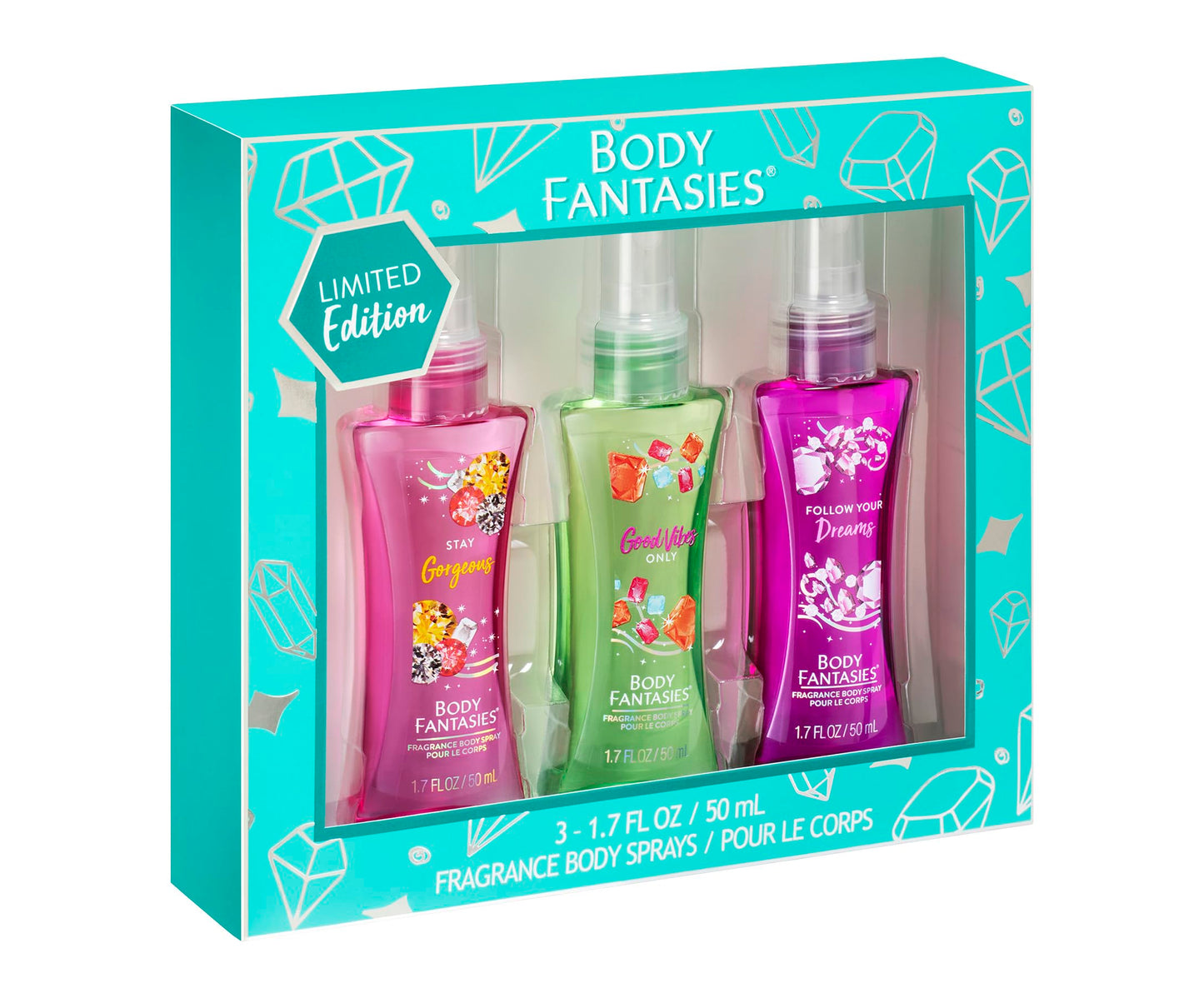 1 x 3pc 1.7 oz each Set Body Fantasies Fragrance Body Spray Scents: Stay Gorgeous, Good Vibes Only, Follow Your Dreams Travel Size Spray Bottle