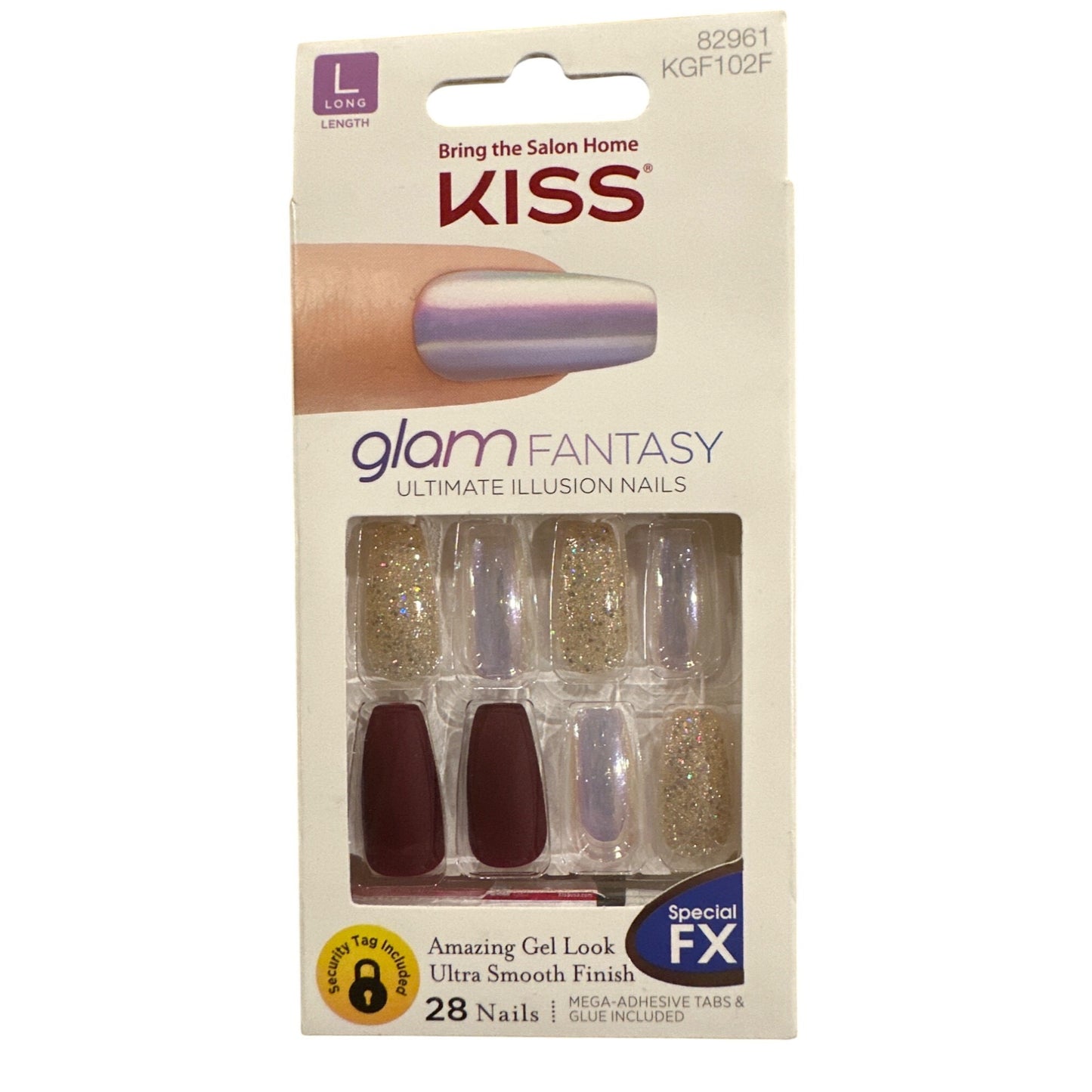 Kiss Glam Fantasy 28 Nails Long Coffin Matte+Glitter+Chrome Burgundy+Gold SPE FX