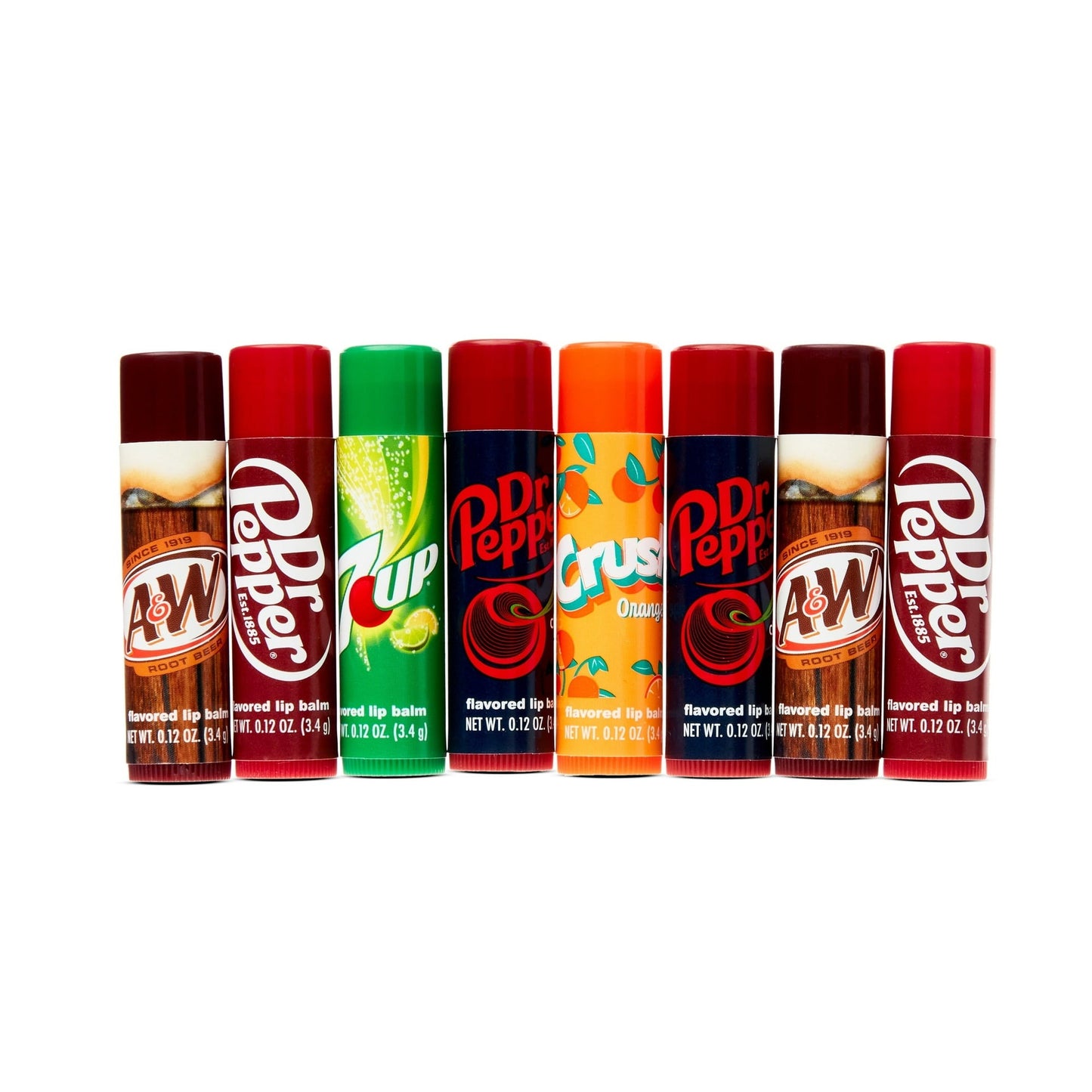 8 pc Flavored Lip Balms Pack With Dr Pepper Crush 7UP A&W Crush Soda Party Pack