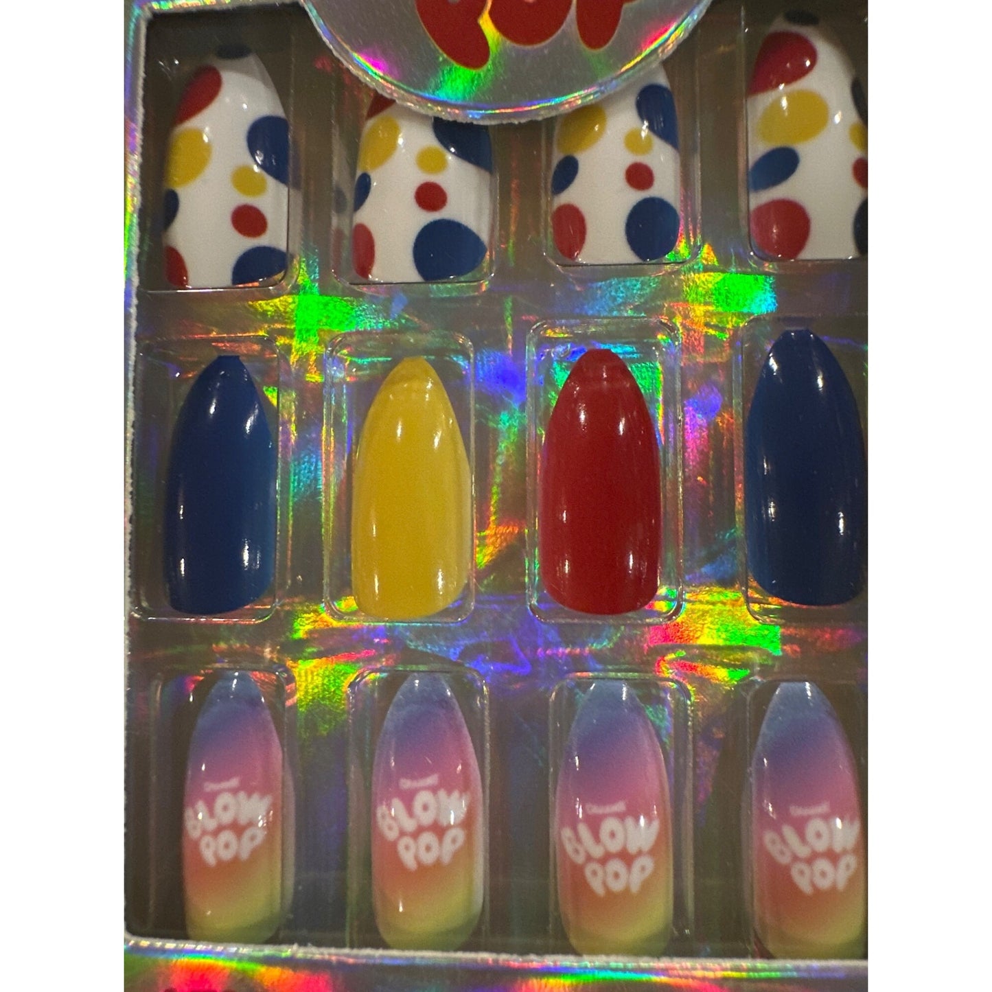 Taste Beauty CHARMS BLOW POP Candy 24 Press-On Nails Almond Glossy Polka Dots