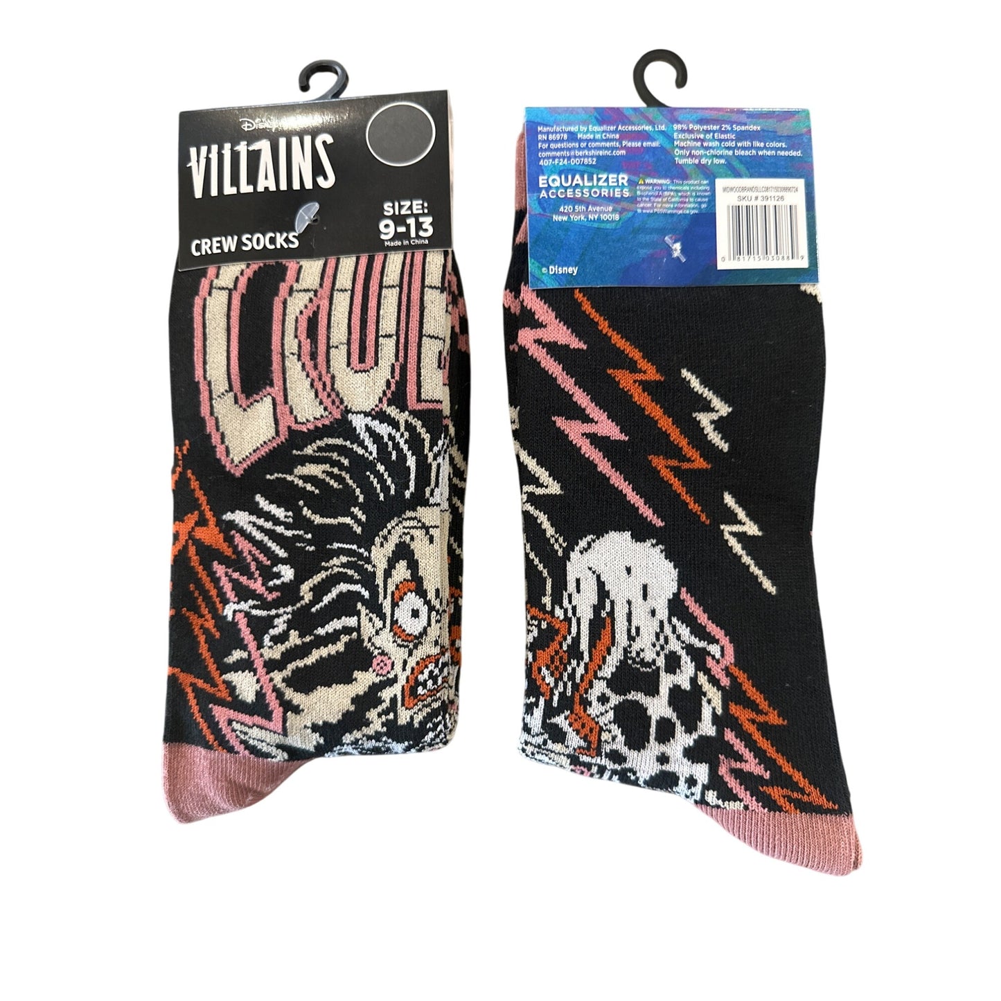 Disney VILLAINS CRUELLA DE VIL Men's Size 9-13 Crew Socks Black White Red Orange
