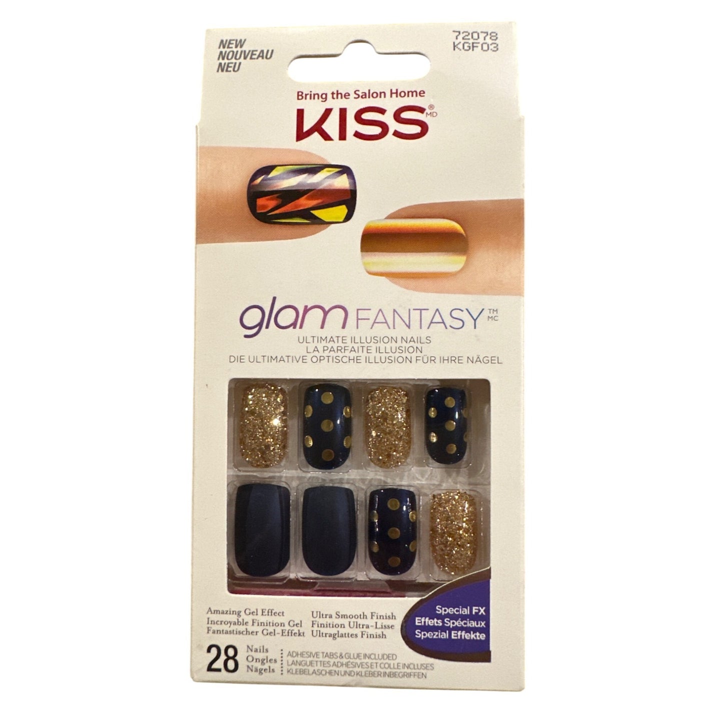 Kiss Glam Fantasy 28 Nails Medium Square Shimmer+Polka+Matte Navy Blue+ Gold