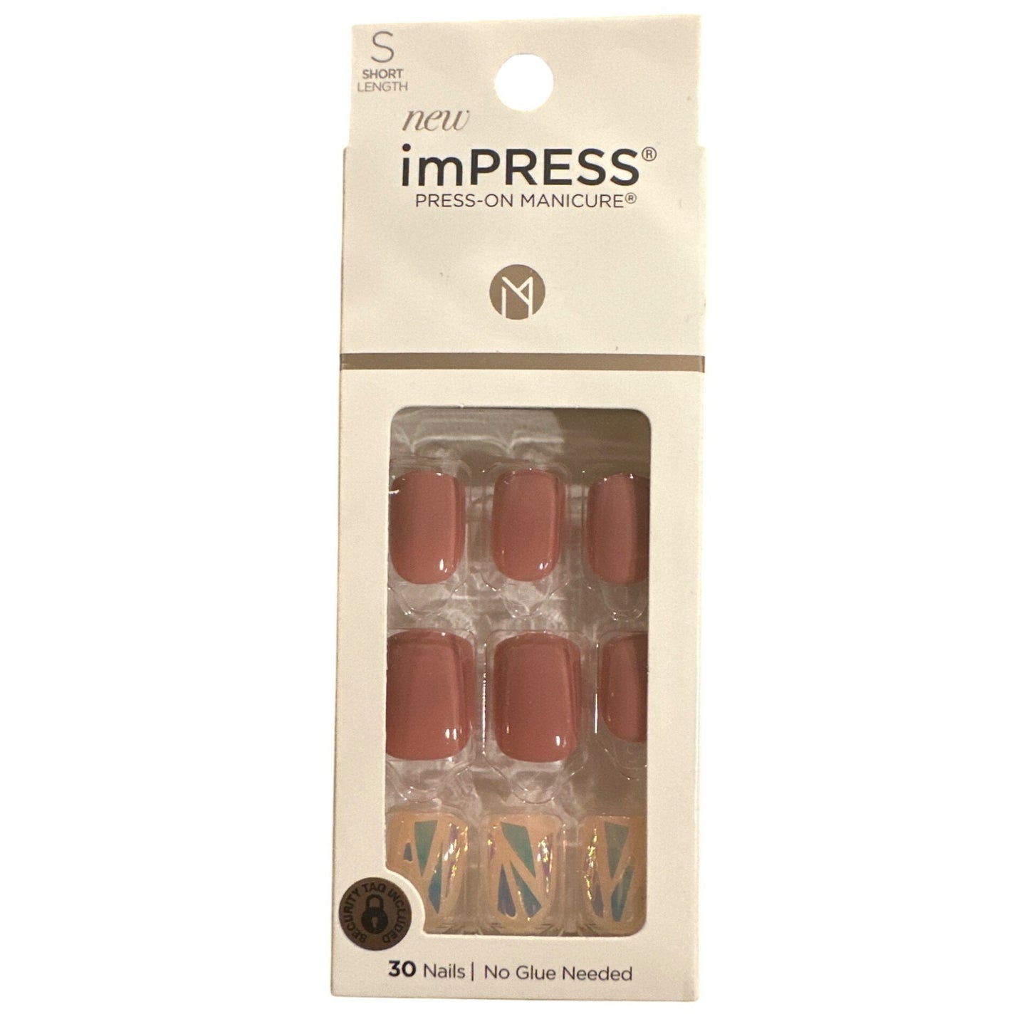 Kiss ImPRESS 30 Nails MIRACLE Short Square Shiny Coral+Peach Broken Glass Design