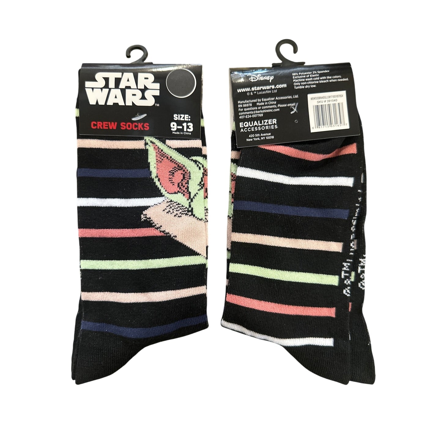Disney STAR WARS GROGU Men's Size 9-13 Crew Socks Black White Green Pink Stripes