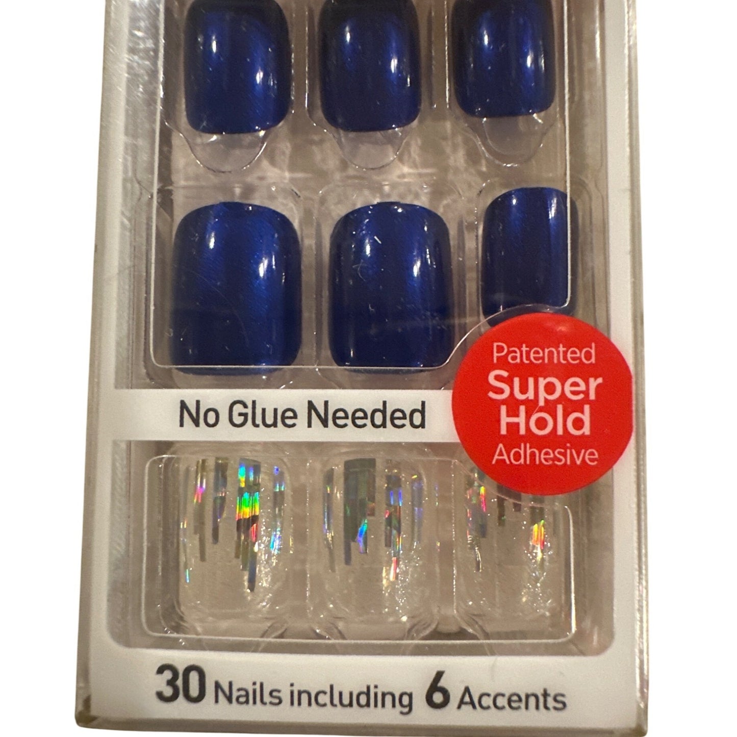 Impress 30 Nails 6 Accents BOSS LADY Short Square Glossy Royal Blue+Clear+Silver