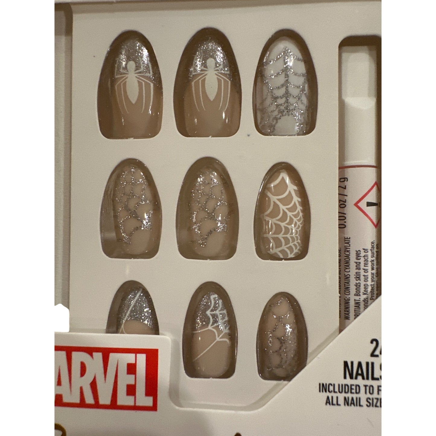 Clutch Nails 24 Nail Marvel Medium Almond Glitter Beige+White+Silver Spidey Webs