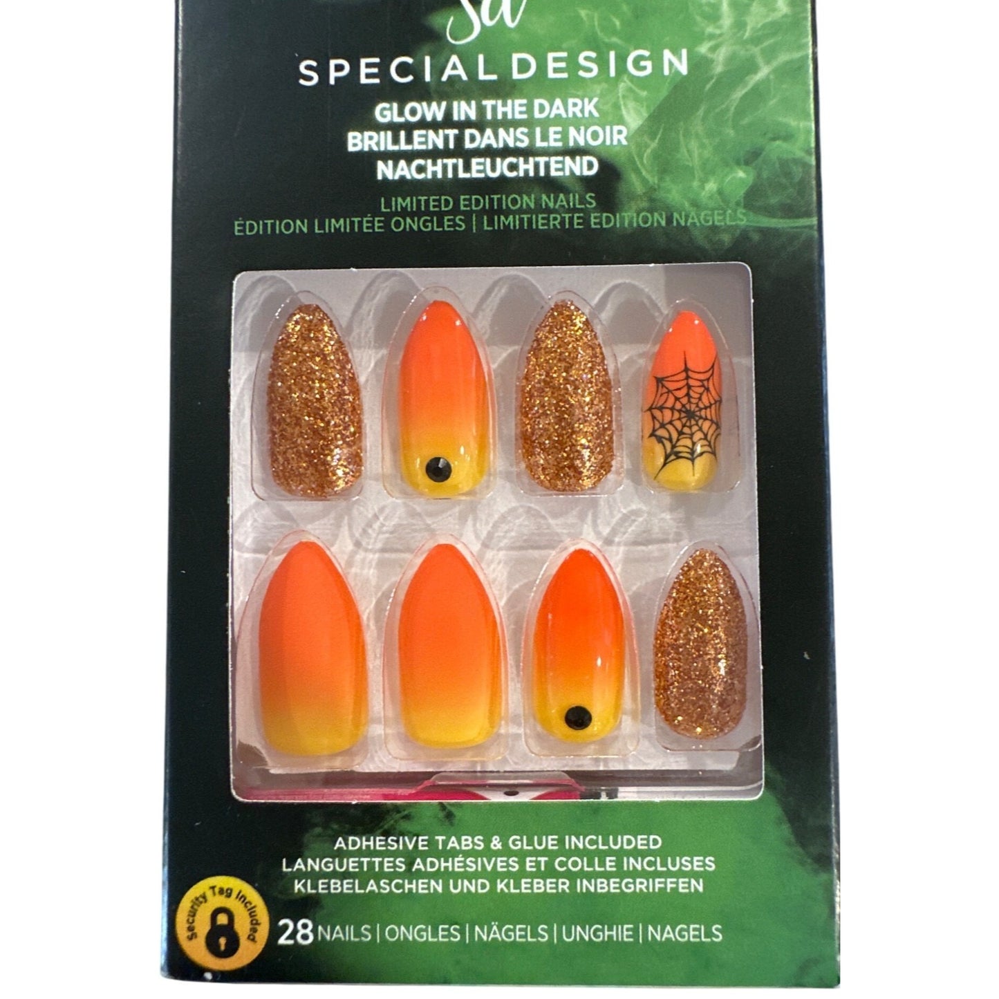 Kiss HALLOWEEN GLOW IN DARK 28 Nails Long Almond Matte+Glossy+Glitter Spider Web
