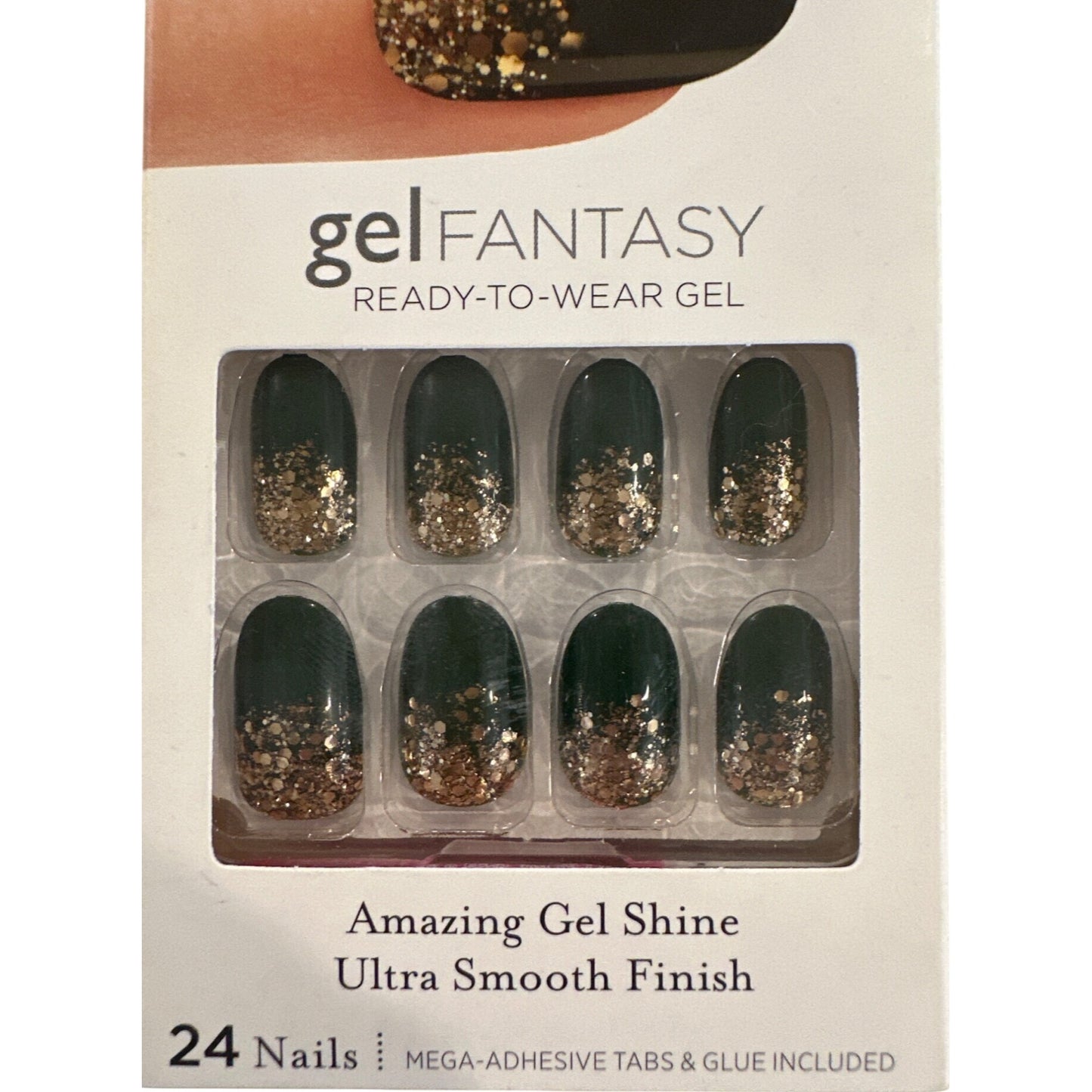 Kiss GEL FANTASY 24 Nails Medium Oval Glossy + Glitter Green + Gold Ultra Smooth