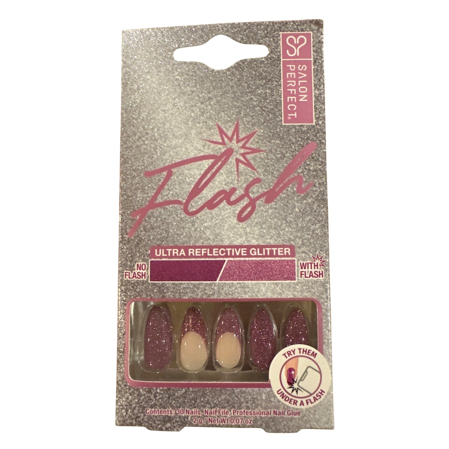 Salon Perfect 30 Nails Flash Medium Almond French Raspberry Reflective Glitters