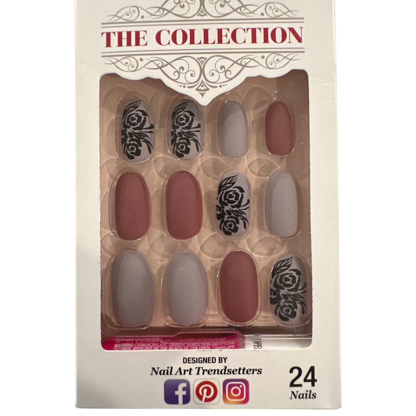 Kiss THE COLLECTION 24 Nails Medium Length Oval Matte Gray+Mauve+Black Floral
