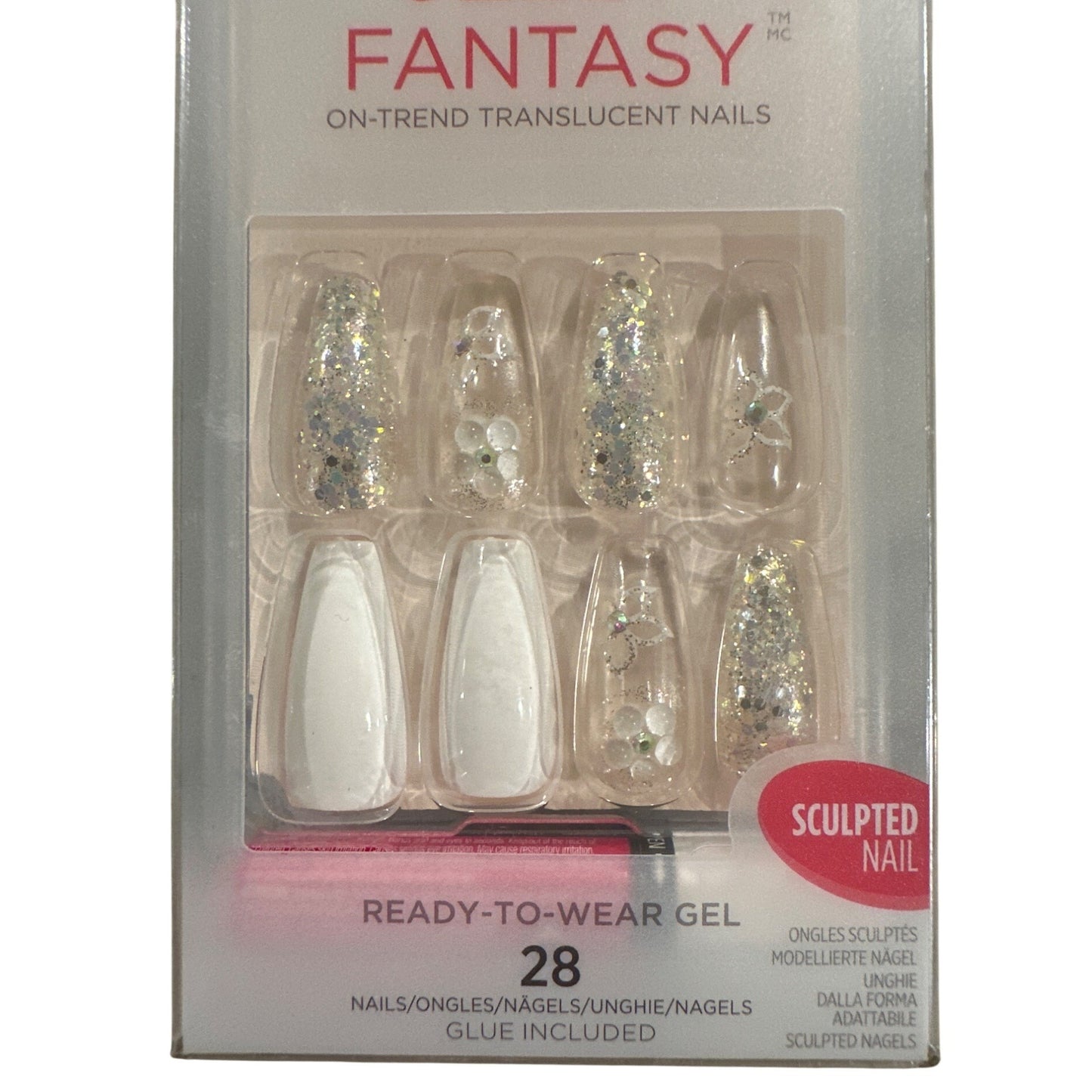 Kiss Jelly Fantasy 28 Nails Long Coffin Translucent+Glitter+Shiny White+Silver