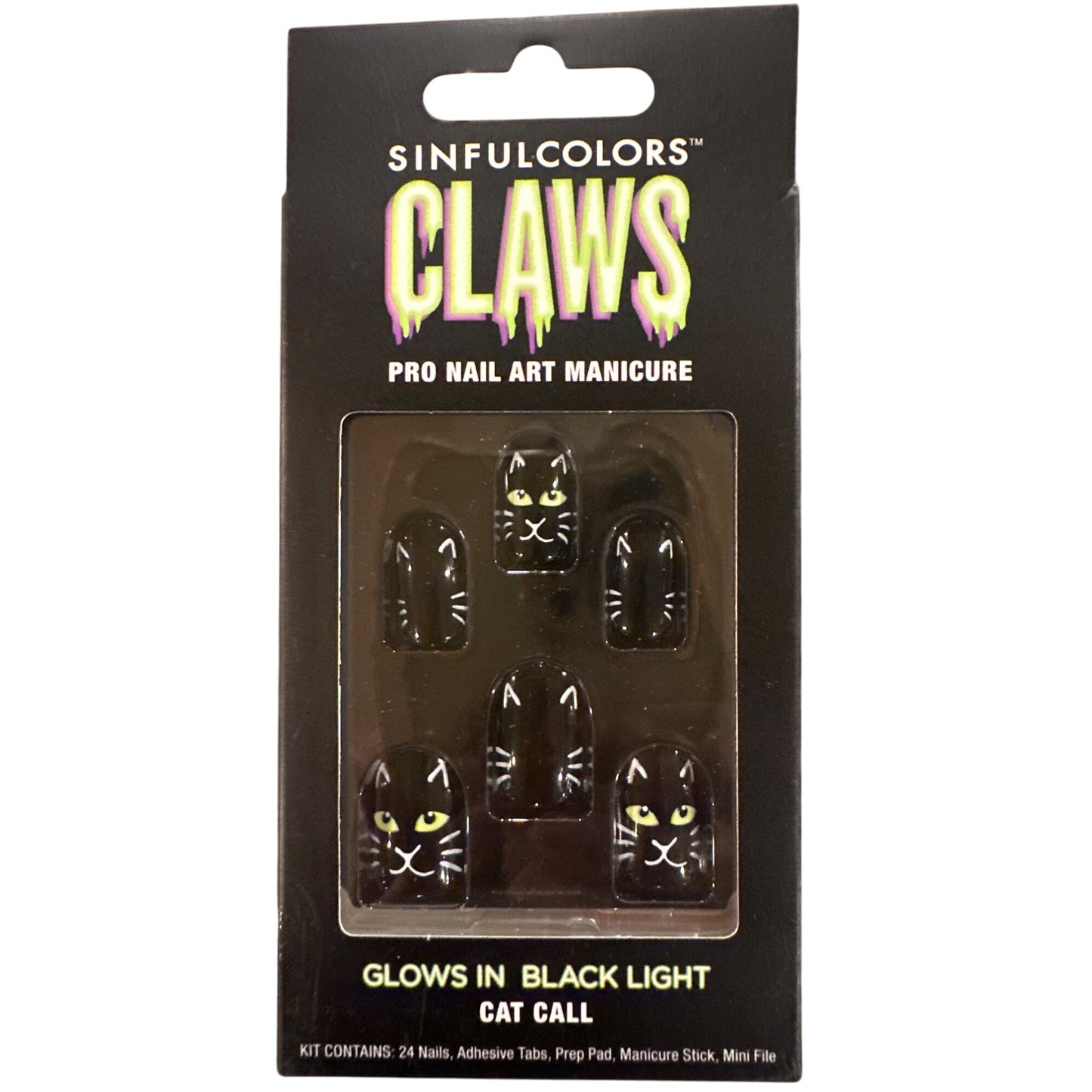 Sinfulcolors 24 Nails CAT CALL Short Square Glossy Glow-In-Black-Light Halloween