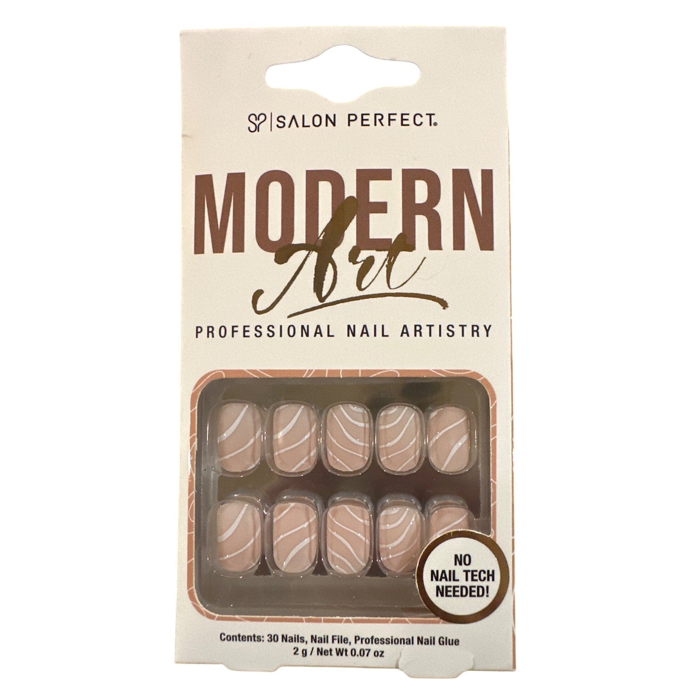 Salon Perfect 30 Nails Modern Art Short Square Matte Tan+White Wave Line Design