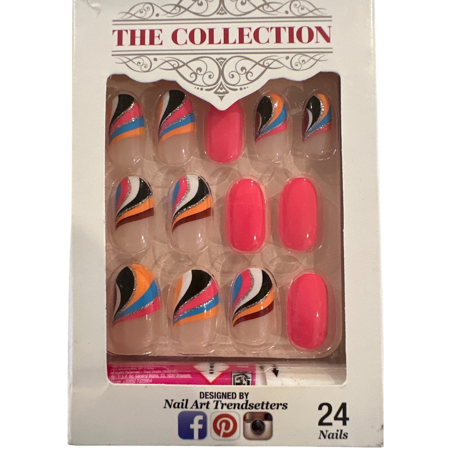 Kiss THE COLLECTION 24 Nails Medium Oval Glossy Swirls Pink+White+Blue+Orange