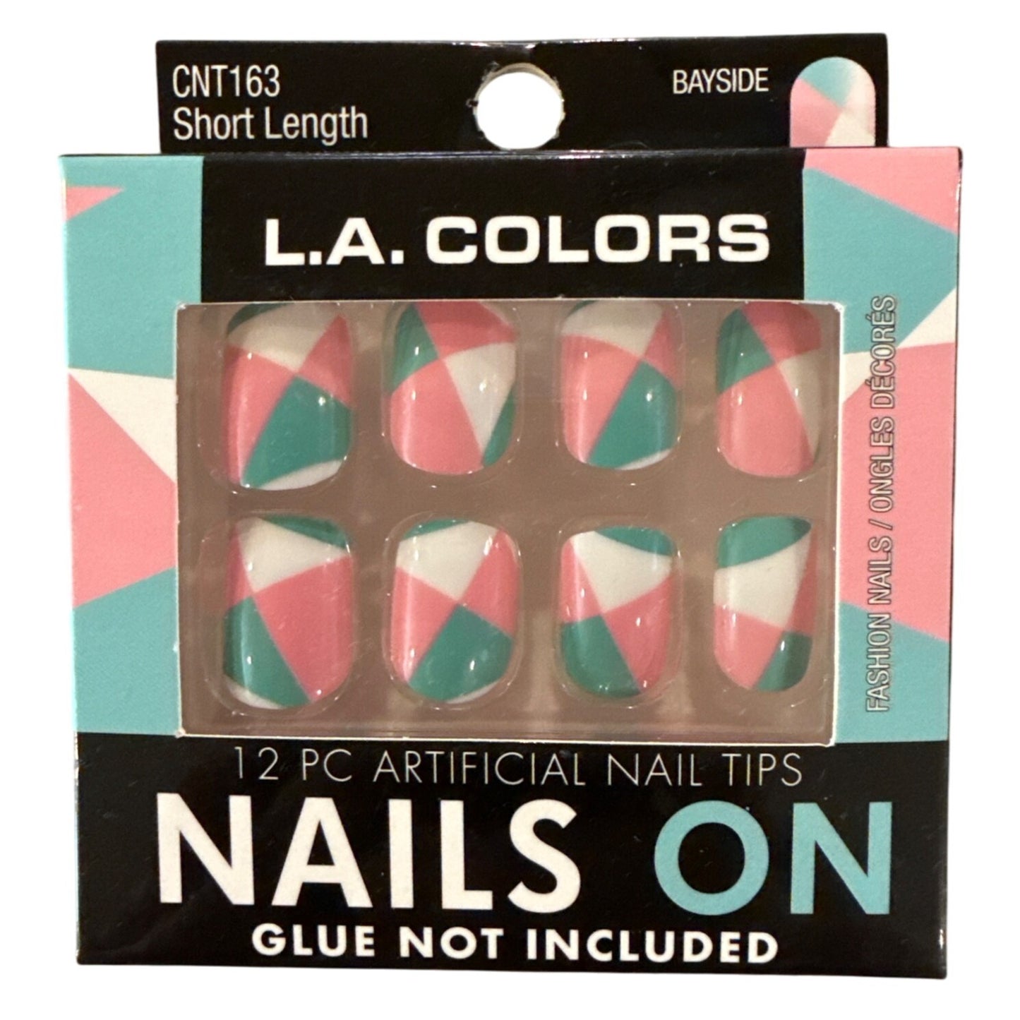 L.A. Colors NAILS ON 12 Nails BAYSIDE Short Square Glossy Pink+Teal GEOMETRIC