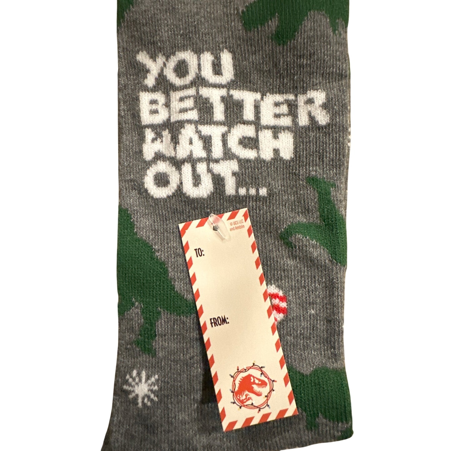 OSFM Jurassic Park Grey Holiday Socks Dinosaur Design+Text YOU BETTER HATCH OUT