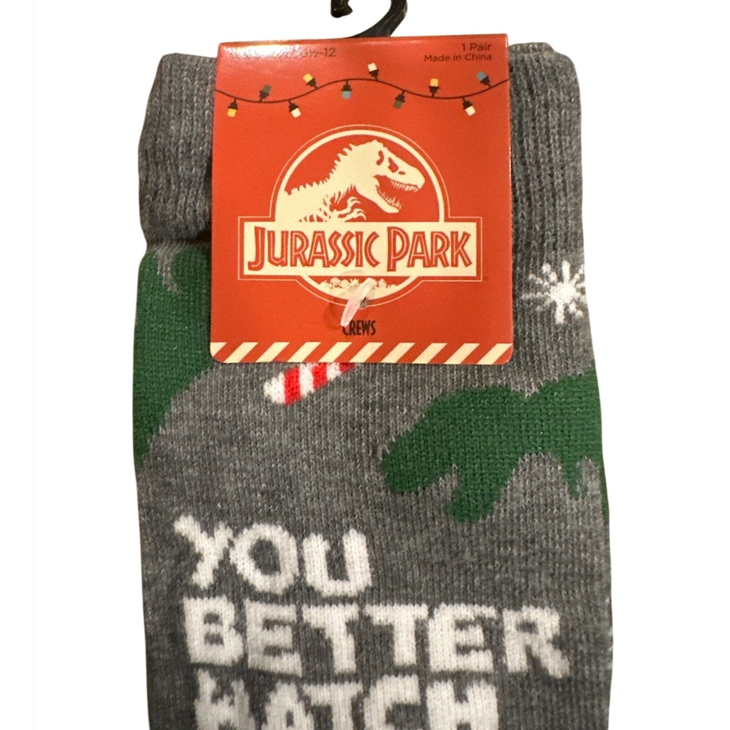OSFM Jurassic Park Grey Holiday Socks Dinosaur Design+Text YOU BETTER HATCH OUT