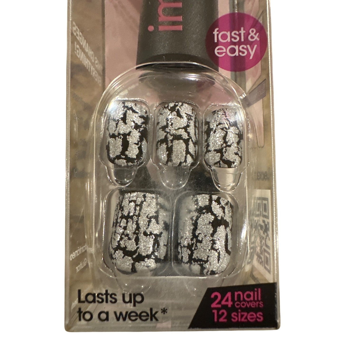 IMPRESS Kiss Press-On 24 Nails WORKING GIRL Short Square Silver+Black Crackle