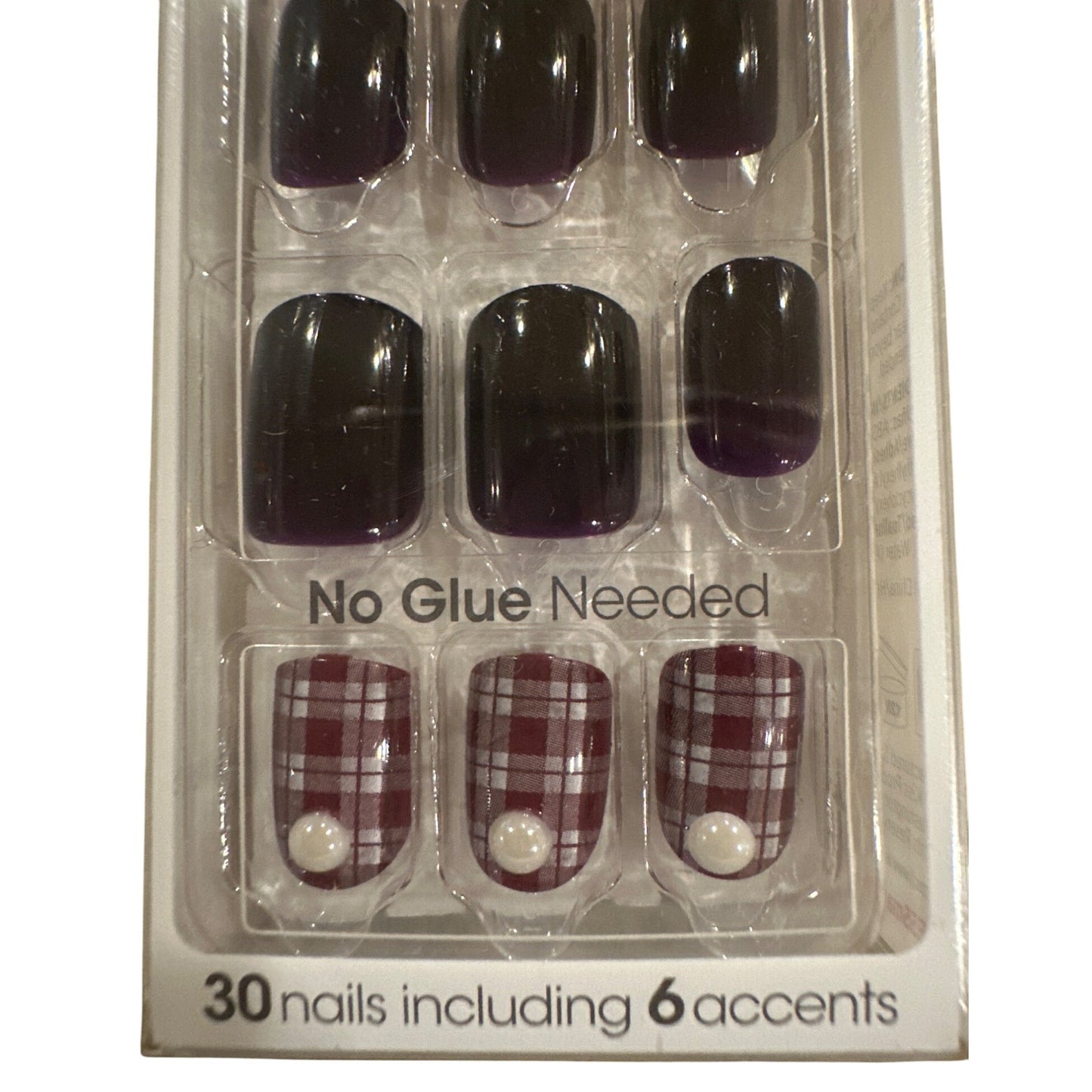 Impress Press 30 Nail Shocking Short Square Glossy Purple+Maroon Plaid + Pearls