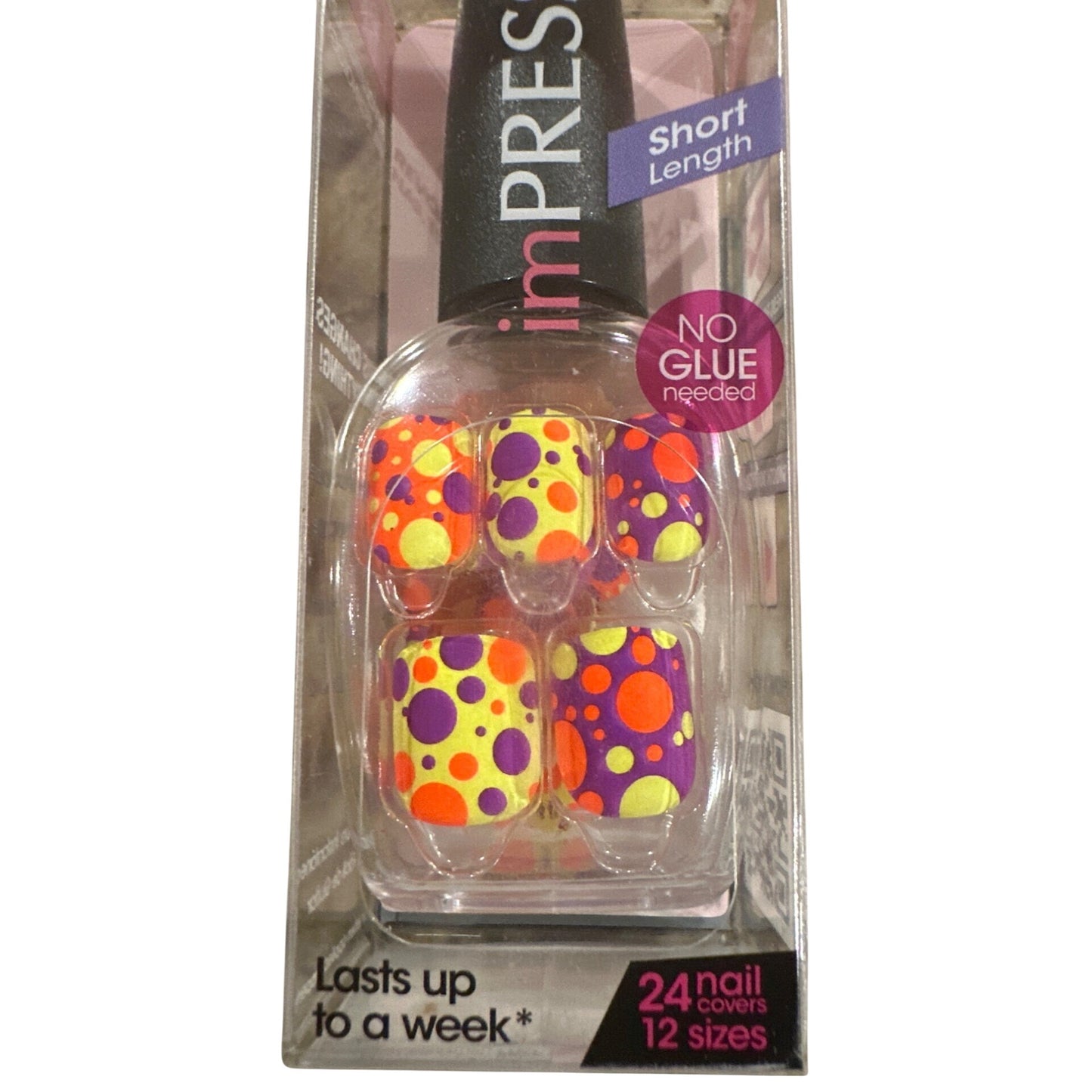 IMPRESS KISS Press-On 24 Nail HAPPY IN LOVE Short Square Matte Polka Dots Neon