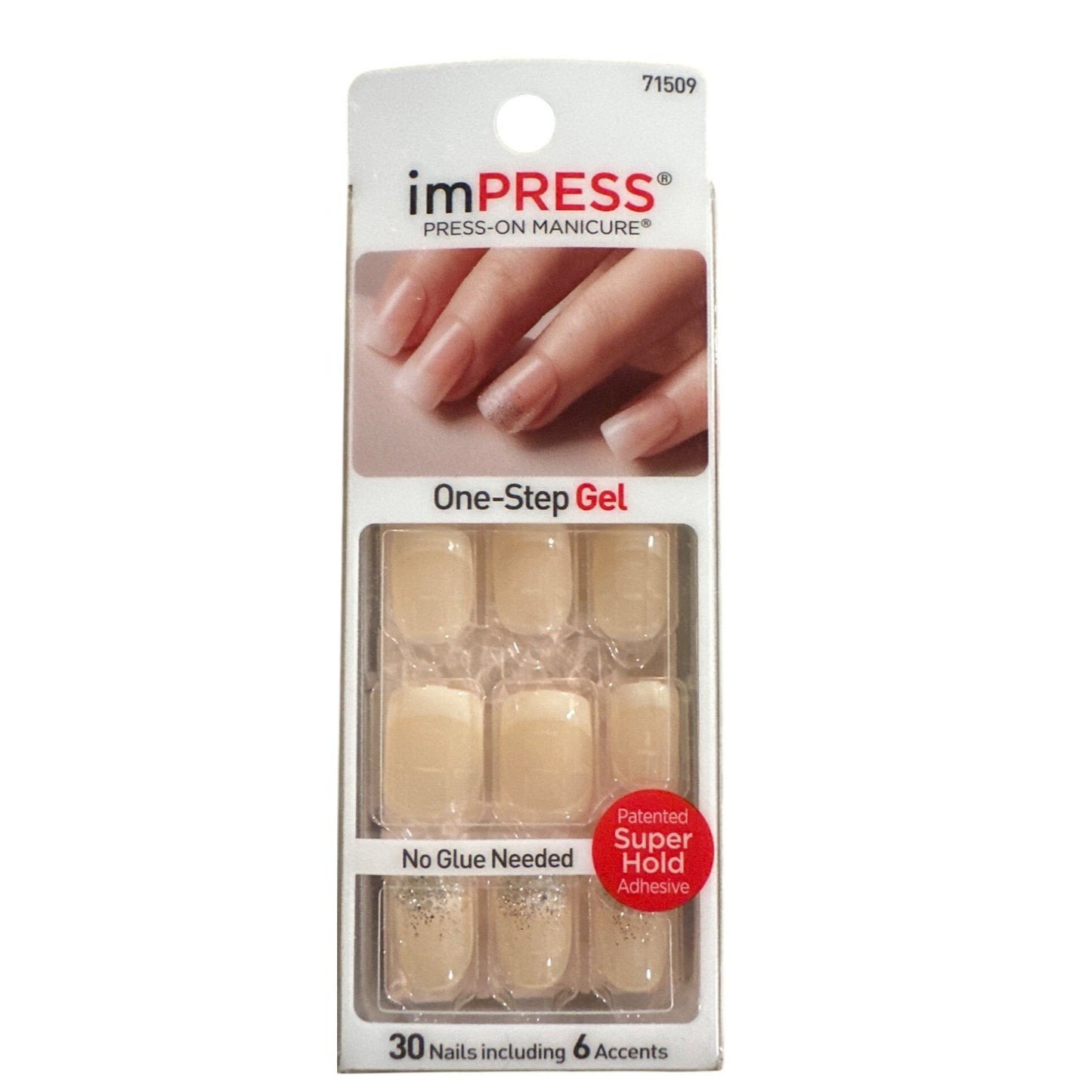ImPRESS ON FIRE 30 Nails Short Square French Tip Natural Silver Glitter Accents