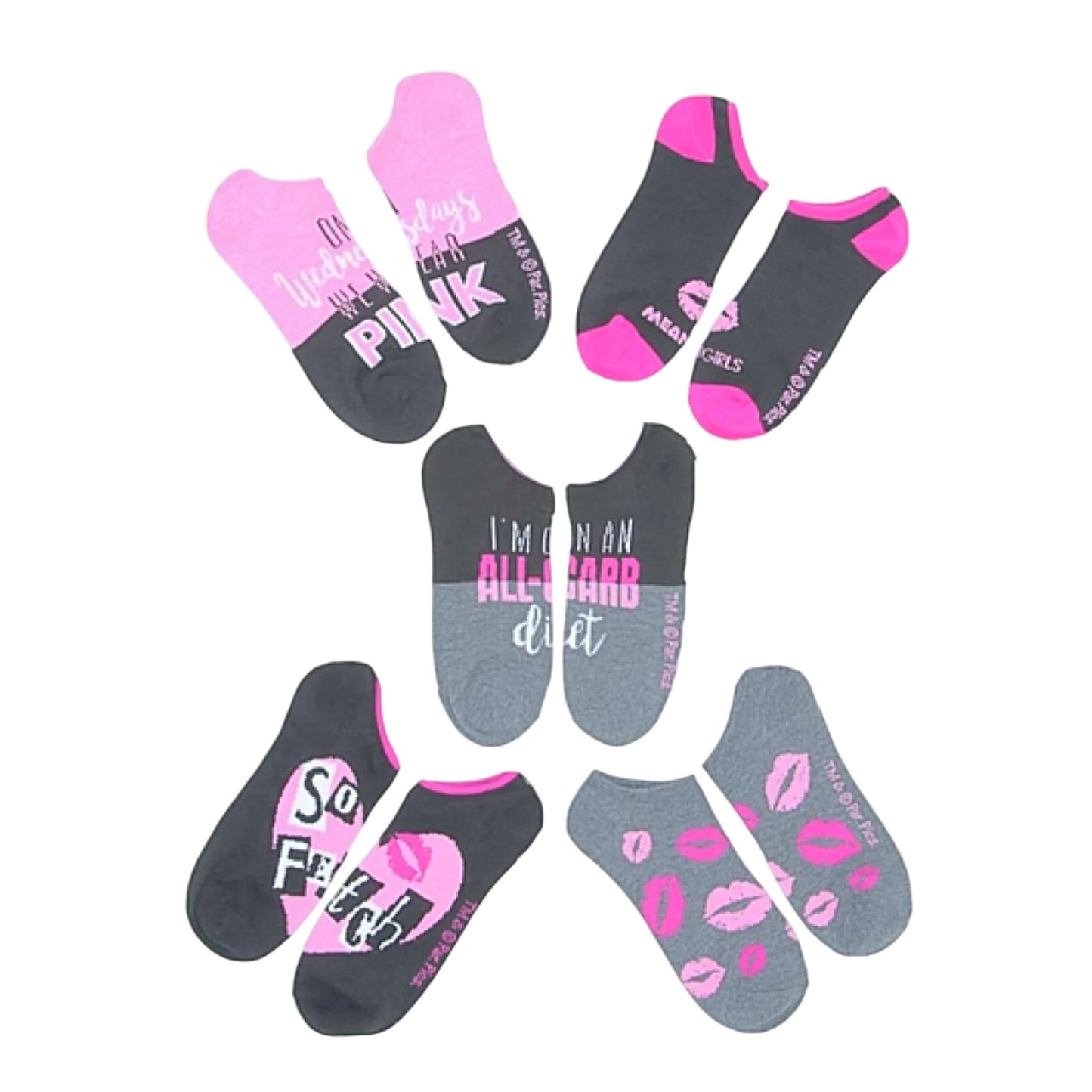 Mean Girls No-Show Ankle Socks 5-Pack Women/Teen Sz 4-10 Pink & Black Recycled
