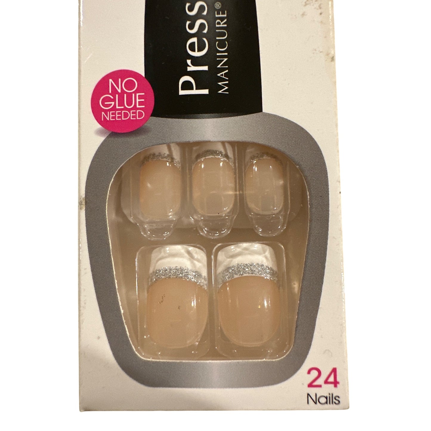 Kiss Press-On 24 Nails NOTORIOUS Medium Squoval Glossy French White Tips +Silver