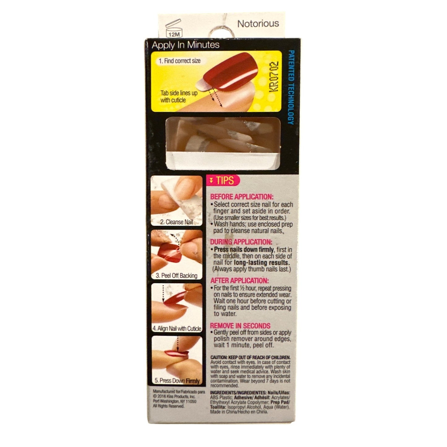 Kiss Press-On 24 Nails NOTORIOUS Medium Squoval Glossy French White Tips +Silver