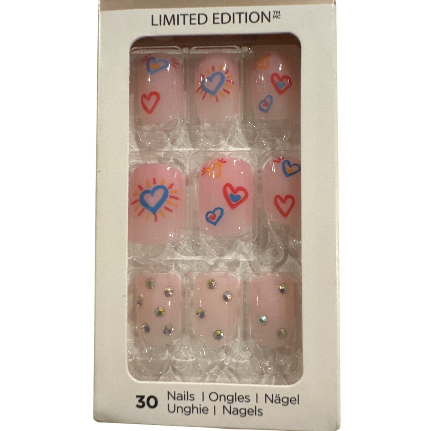 Impress LOVE ABOVE ALL 30 Nail Short Square Glossy Pink Heart Rhinestone Design