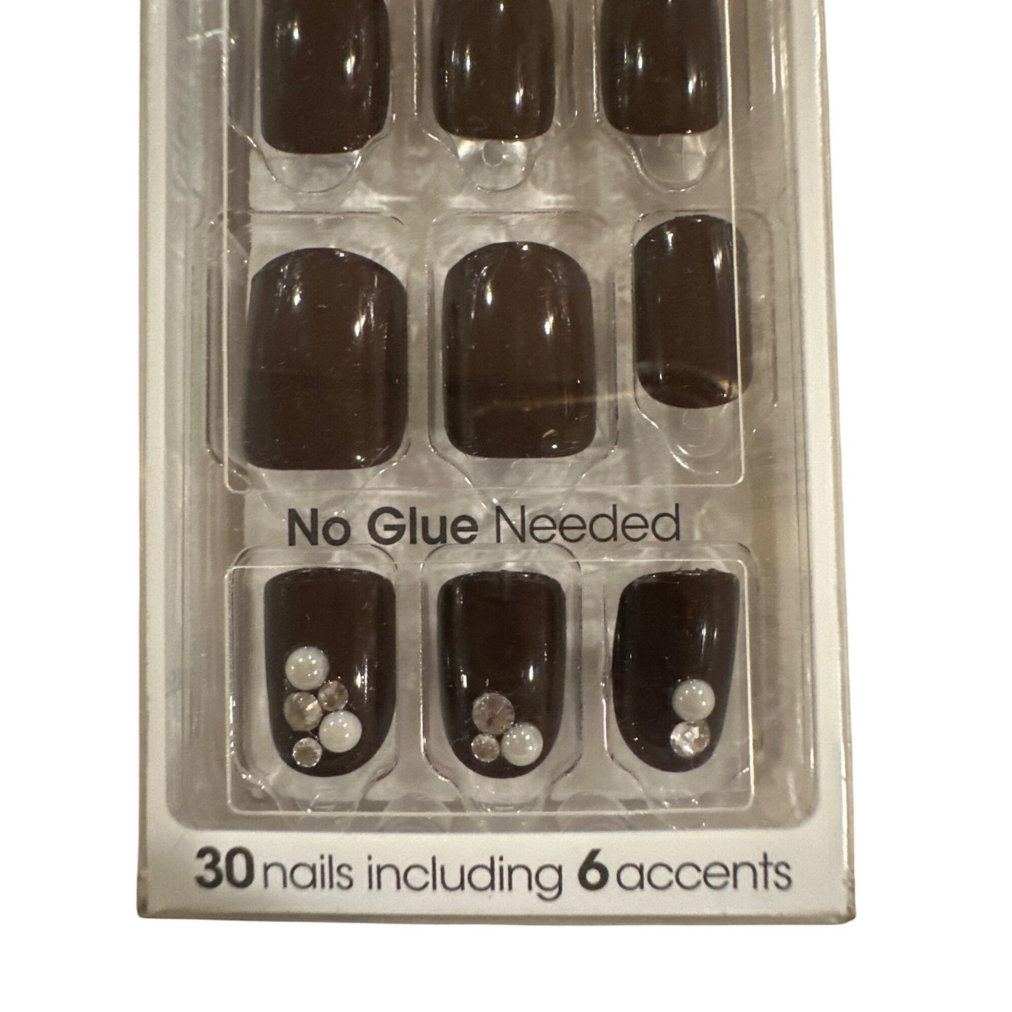 Impress Press-On 30 Nails Short Squoval Glossy Black 6 Accents Jewel Design