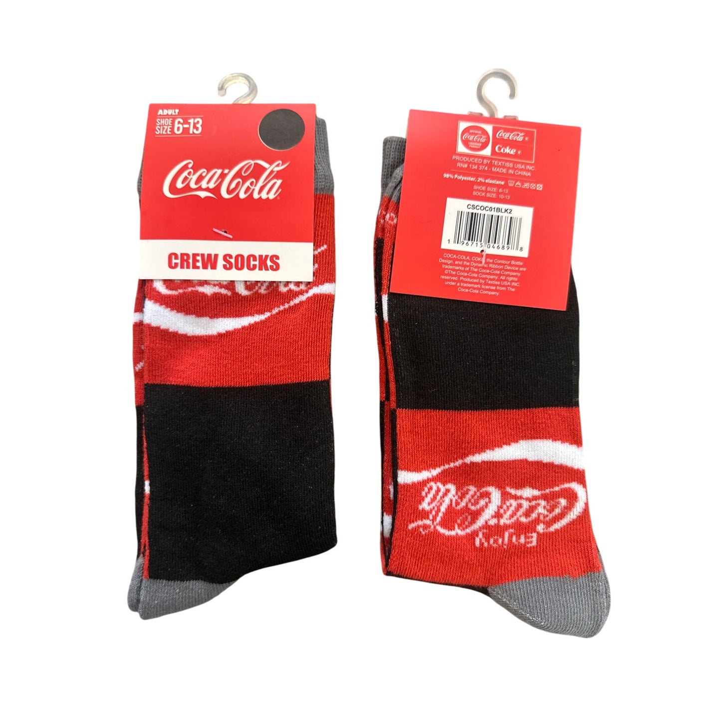 COCA-COLA Soda Mens Size 6-13 Crew Socks Red Black White Gray Iconic Logo Design
