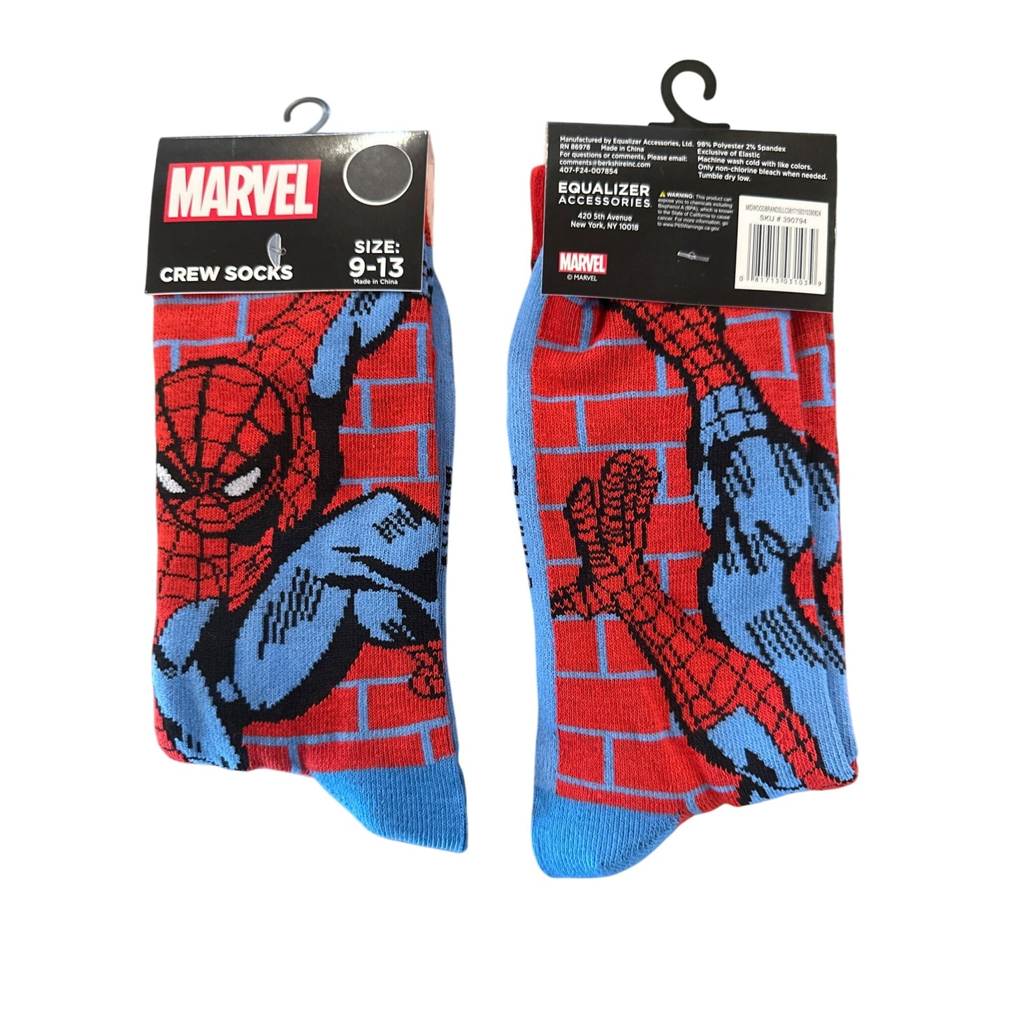 Marvel SPIDER-MAN Men"s Size 9-13 Crew Socks Red Blue Black Brick Wall Design