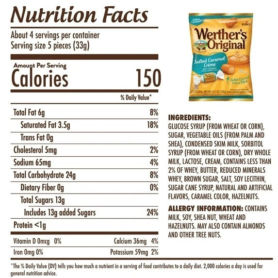 Werther's Original SALTED CARAMEL Creme Soft Caramels 4.51 Oz Bag Indiv Wrapped