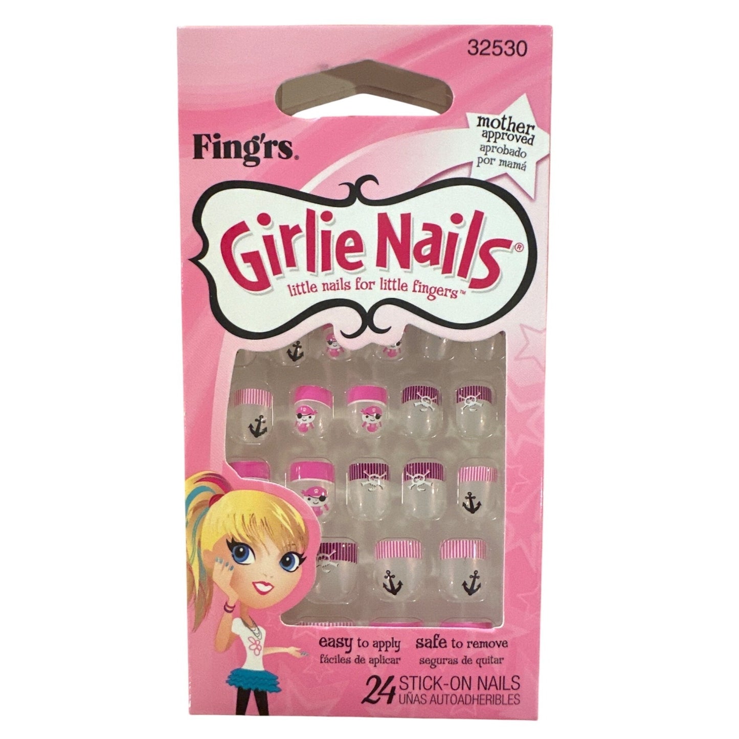 Little Fingr's GIRLIE NAILS #32530 24 Stick-On Nails PIRATES+ANCHORS Pink+Purple