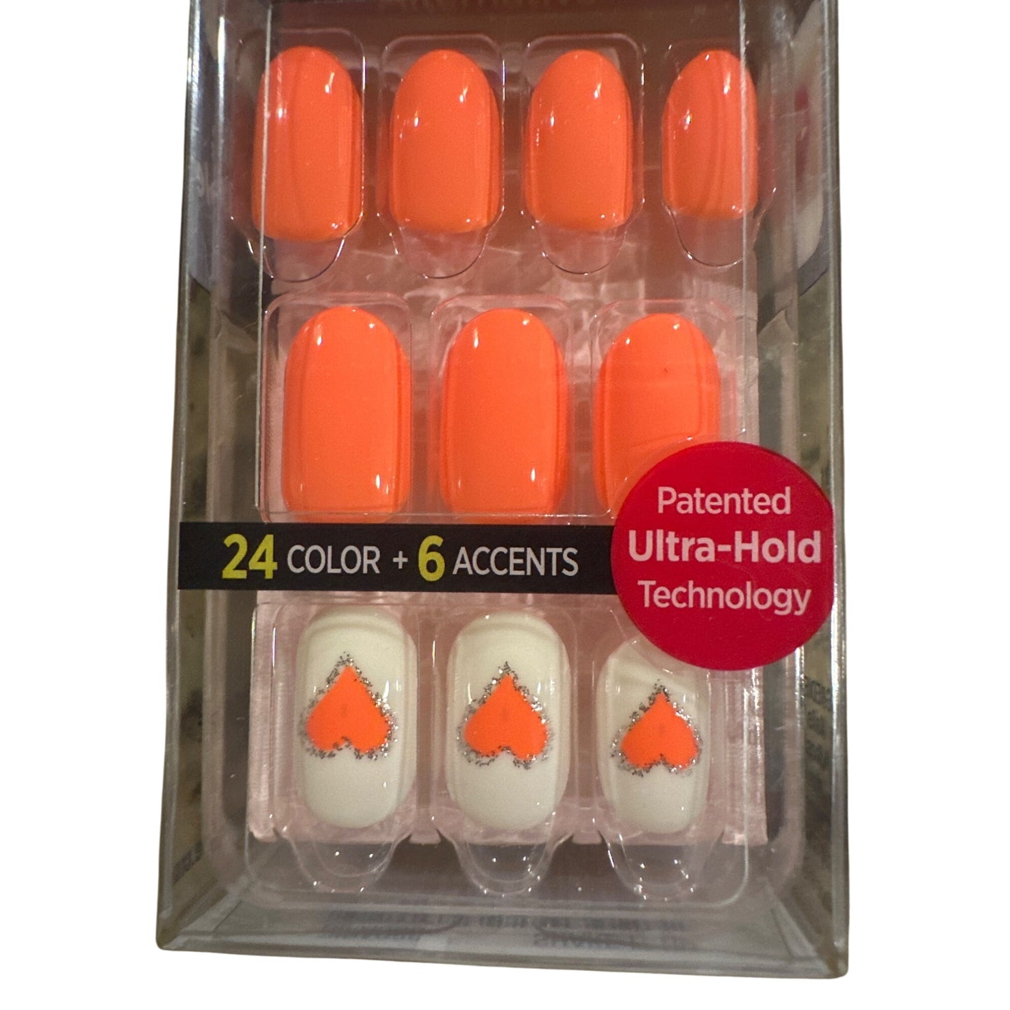 IMPRESS Gel 24 Nails Medium Oval Glossy Orange+ White Ultra-Hold Heart Design