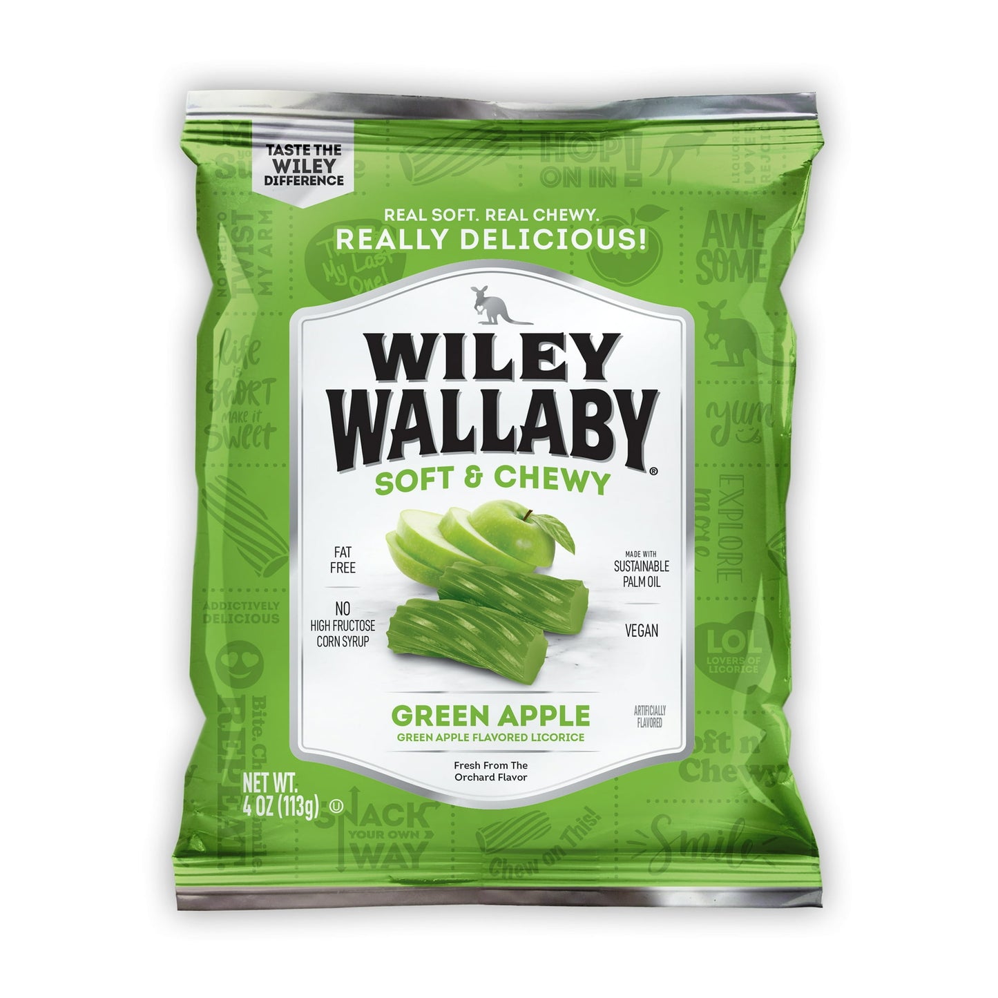 1 x 4 oz Bag Wiley Wallaby Green Apple Licorice Candy Vegan Kosher