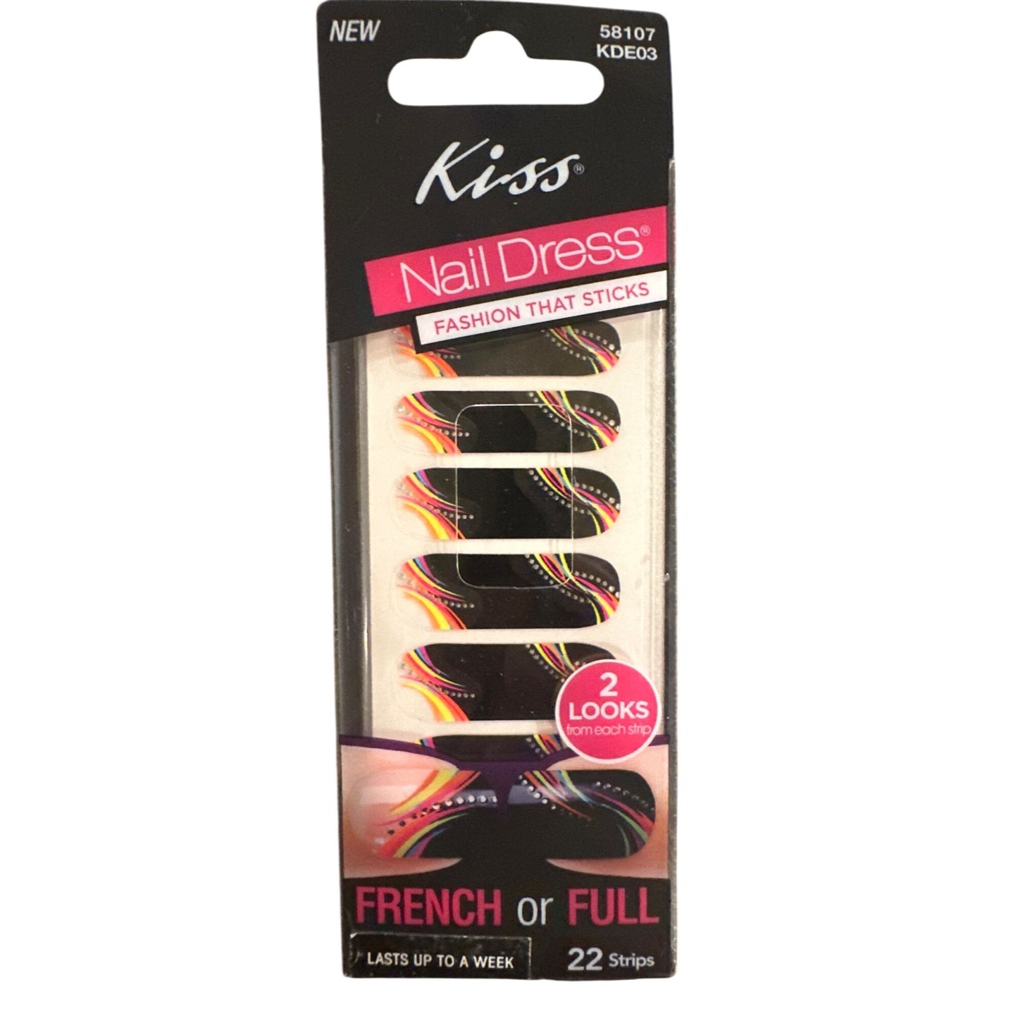 Kiss Nail Dress 22 Nails French Or Full Black+Yellow+Pink Rainbow Dots Design