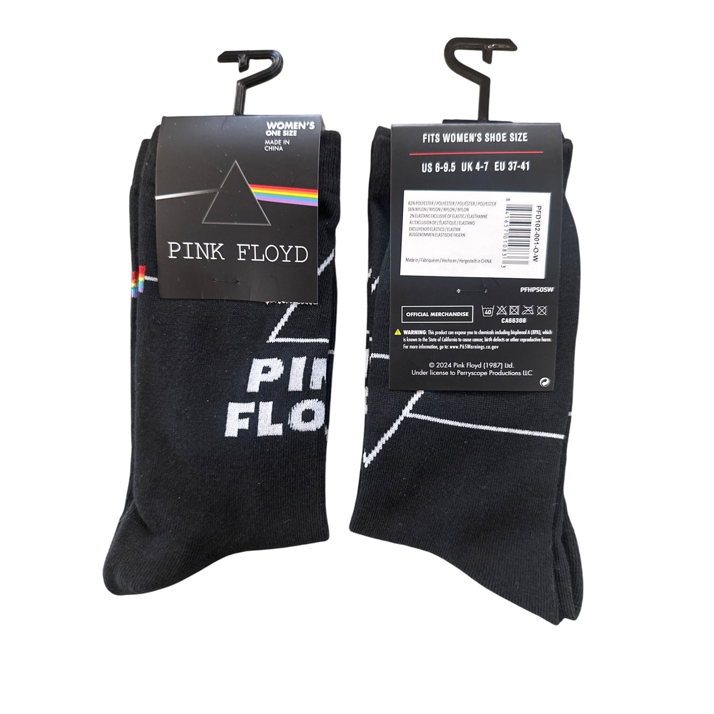 PINK FLOYD Women's Size 6-9.5 Crew Socks Black White Yellow Rainbow Prism Design