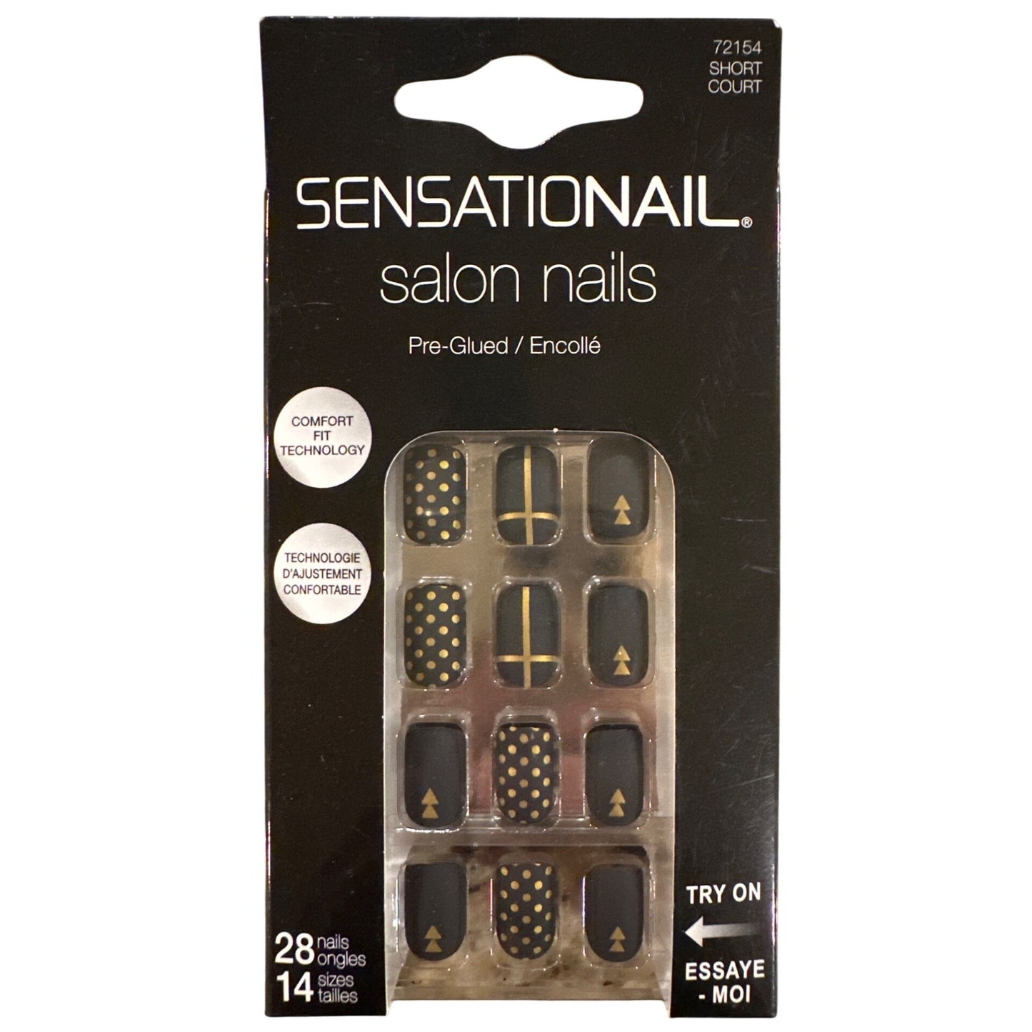 SENSATIONAIL 28 Nail SALON NAILS Short Square Matte Black+Gold Polka Dot & Arrow