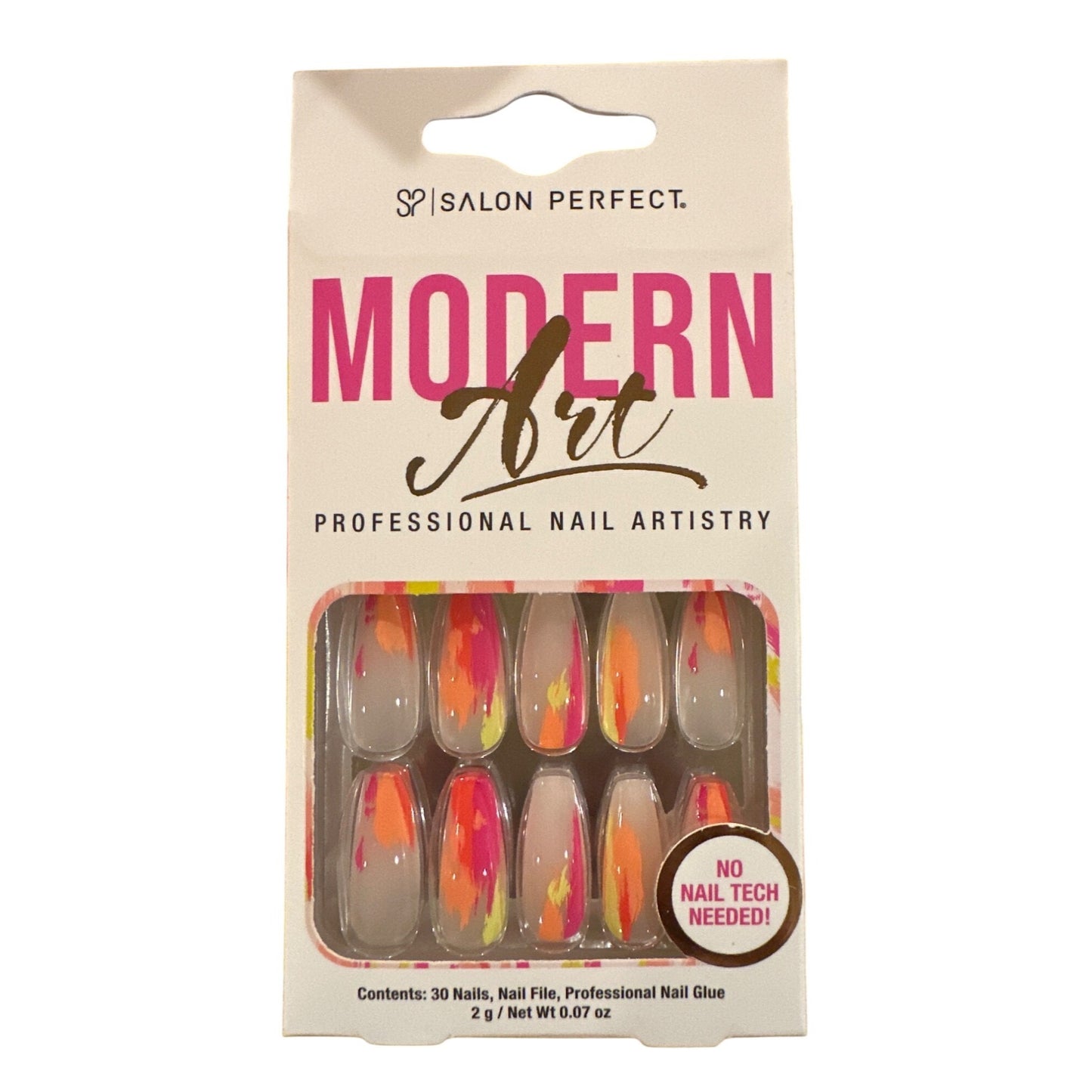 Salon Perfect 30 Nail Modern Art Long Coffin Glossy Clear+Orange+Pink Art Design