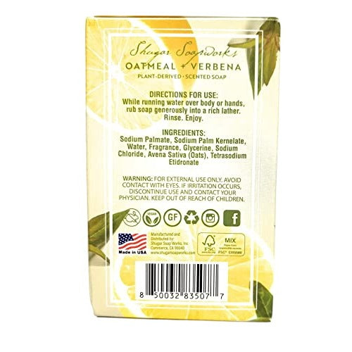 Shugar Soapworks Oatmeal +Verbena Scented Bar Soap 5 oz Vegan Paraben Free Lemon