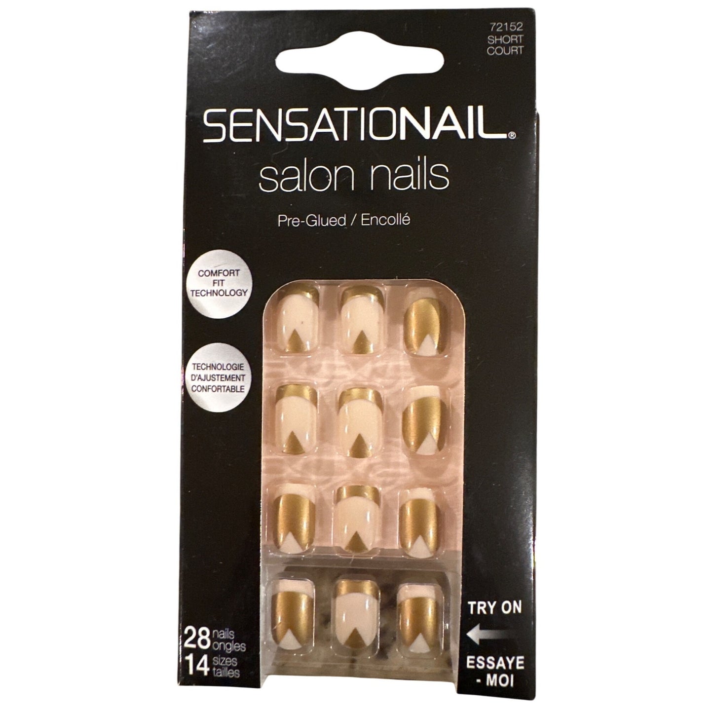 SENSATIONAIL 28 Nails SALON NAILS Short Squoval Glossy+French Gold+Peach Chevron