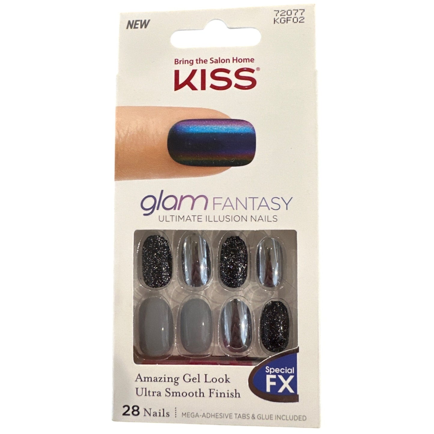 Kiss GLAM FANTASY 28 Nails Medium Oval Chrome+Glitter+Glossy Special FX Gel Look